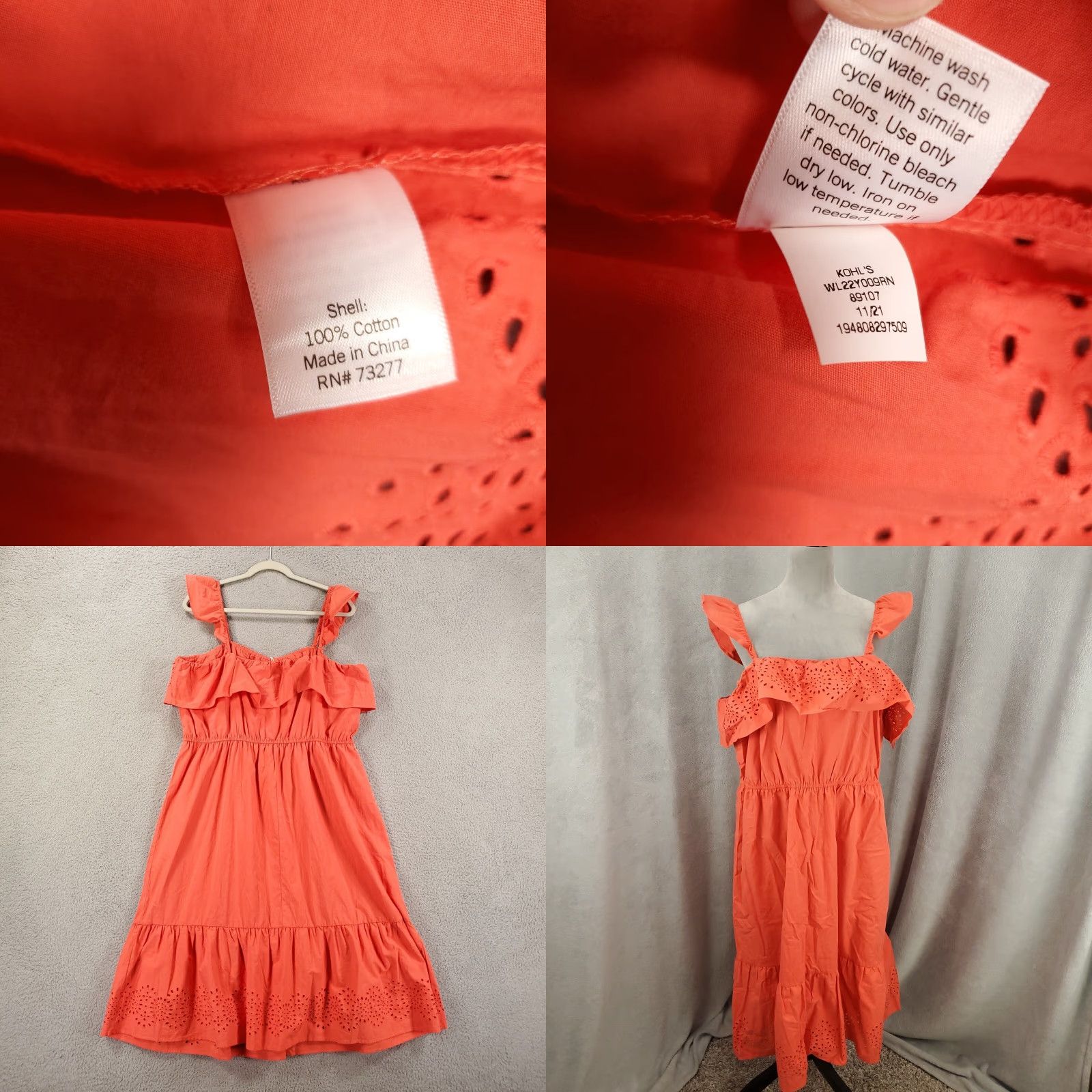 Vintage LC Lauren Conrad Dress Womens 2XL Coral Orange Ruffle Eyelet Tiered Long NWT Size XXL / US 16-18 / IT 52-54 - 8 Thumbnail