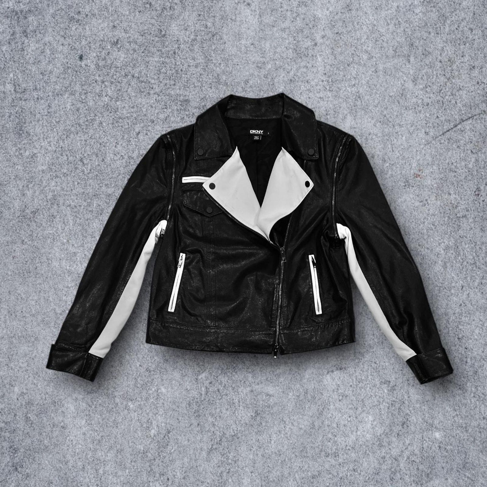 DKNY DKNY Faux Leather Black & White Y2K Moto Jacket Size L / US 10 / IT 46 - 1 Thumbnail