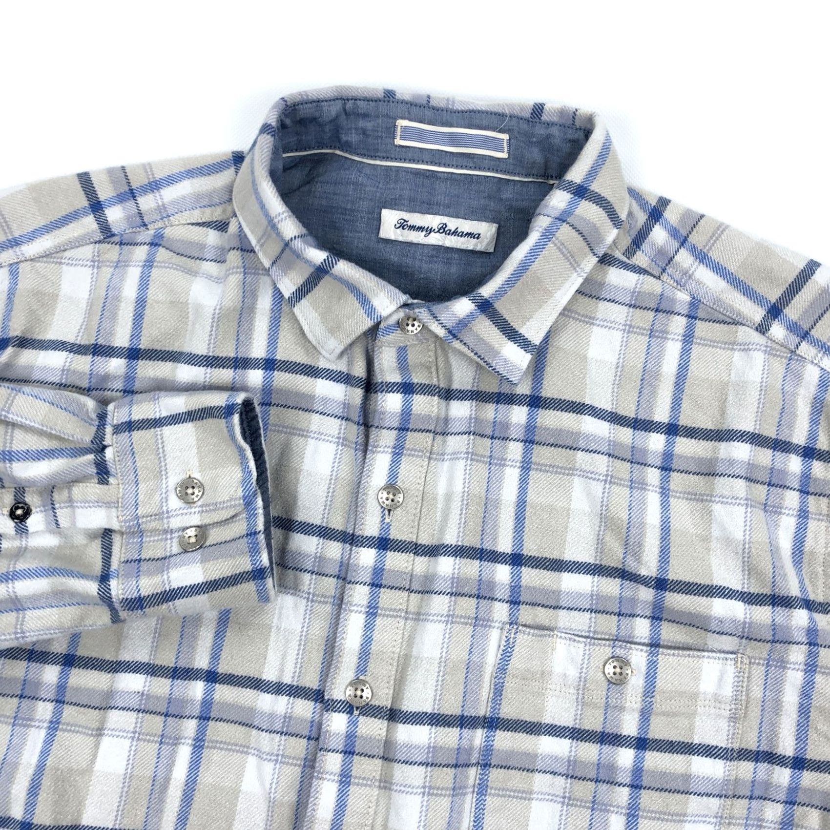 Tommy Bahama TOMMY BAHAMA Shirt Plaid Flannel XL Men Casual Button-Down Pockets Embroidered Logo Beige Blue White Cap Beige/Blue/White Size US XL / EU 56 / 4 - 2 Thumbnail