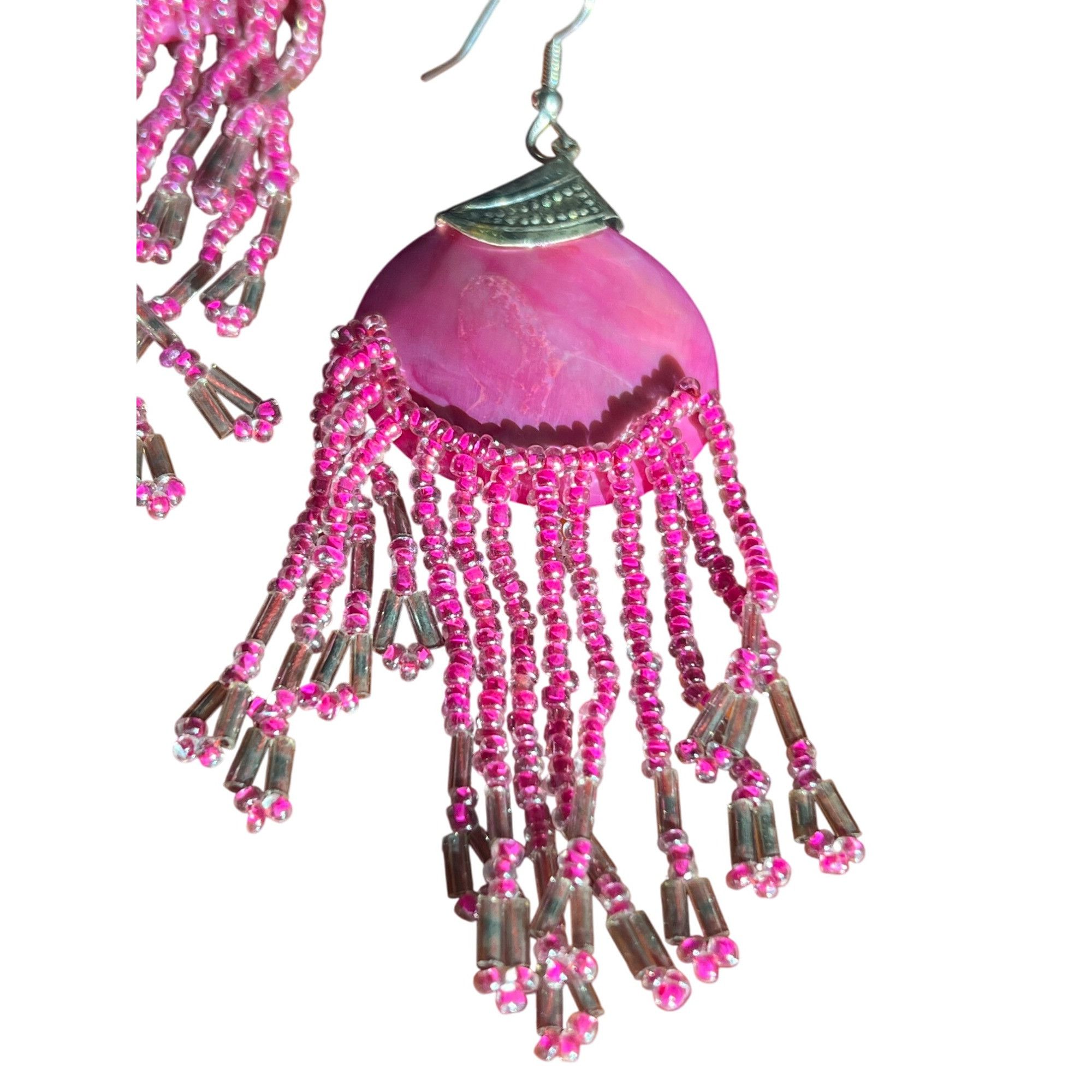 Other Vintage Pink Dyed Shell Beaded Dangle Earrings Silver Tone 4 Size ONE SIZE - 2 Thumbnail