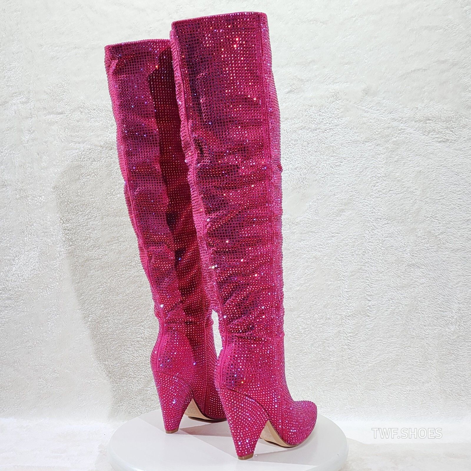 Other New Year Party Fuchsia Pink Rhinestone Thigh boots 4.25" Hee Size US 8 / IT 38 - 3 Thumbnail