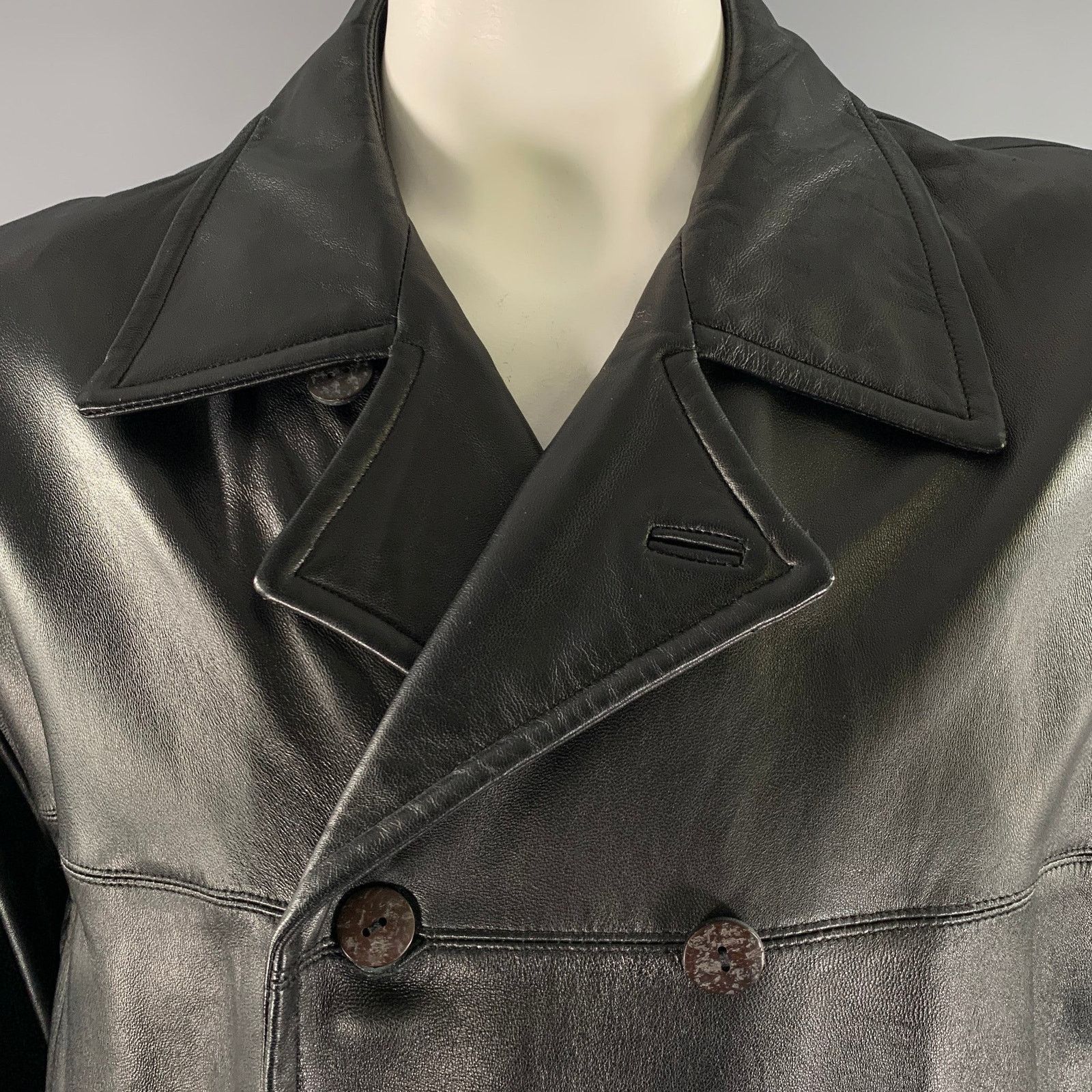 Jhane Barnes JHANE BARNES Size XXL Black Leather Double Breasted Coat Size US XXL / EU 58 / 5 - 2 Thumbnail