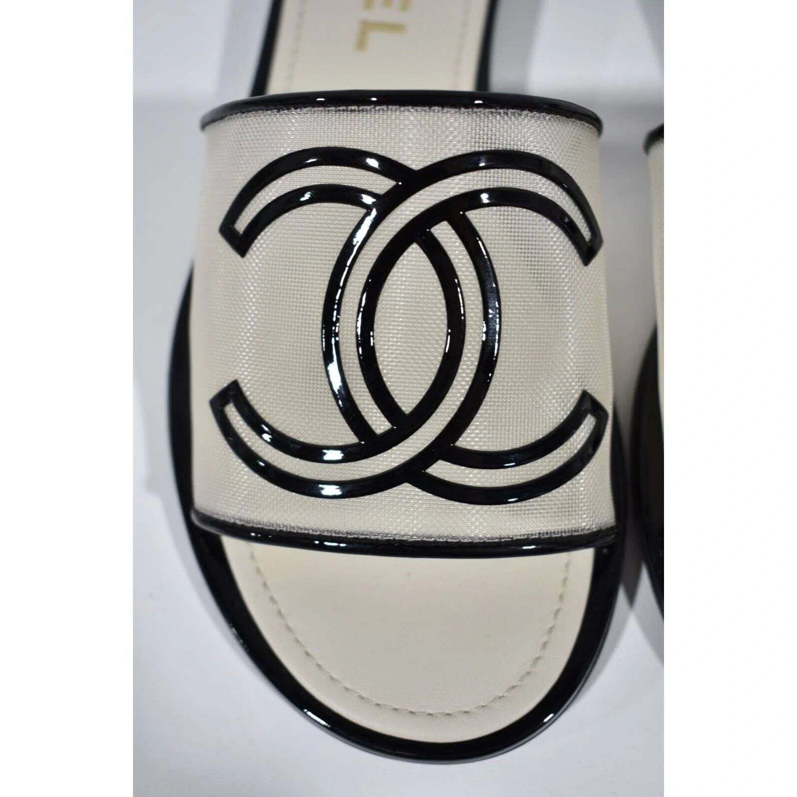 Chanel Chanel 21S Black Beige Mesh Patent CC Logo Slide Sandal Size US 7.5 / IT 37.5 - 6 Thumbnail