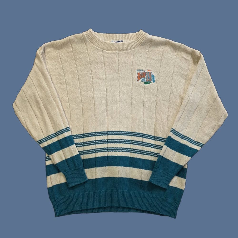 Altea VINTAGE Graffiti Sweater Men XL Crew Neck Long Sleeve Cotton Knit Golf Patch Ivory Teal 90s Preppy Casual Mens Size US XL / EU 56 / 4 - 1 Thumbnail