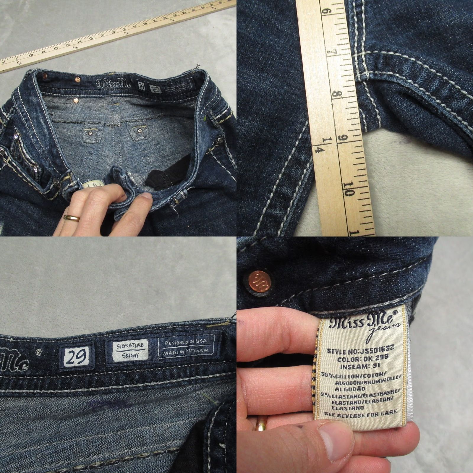 Miss Me Miss Me Jeans Women 29 Dark Wash Signature Skinny Distressed Denim Casual 30x30 Size 29" - 8 Thumbnail