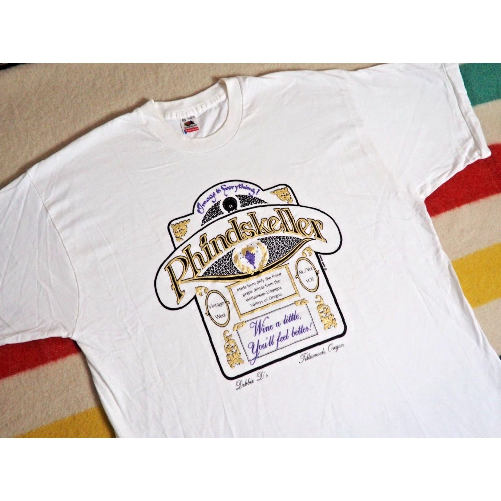 Fruit Of The Loom VTG 90s Fruit of the Loom WINE Label Oregon USA White Tee T-Shirt 2XL Mens Short Sleeve Cotton Graphic Tee Size US XXL / EU 58 / 5 - 2 Thumbnail