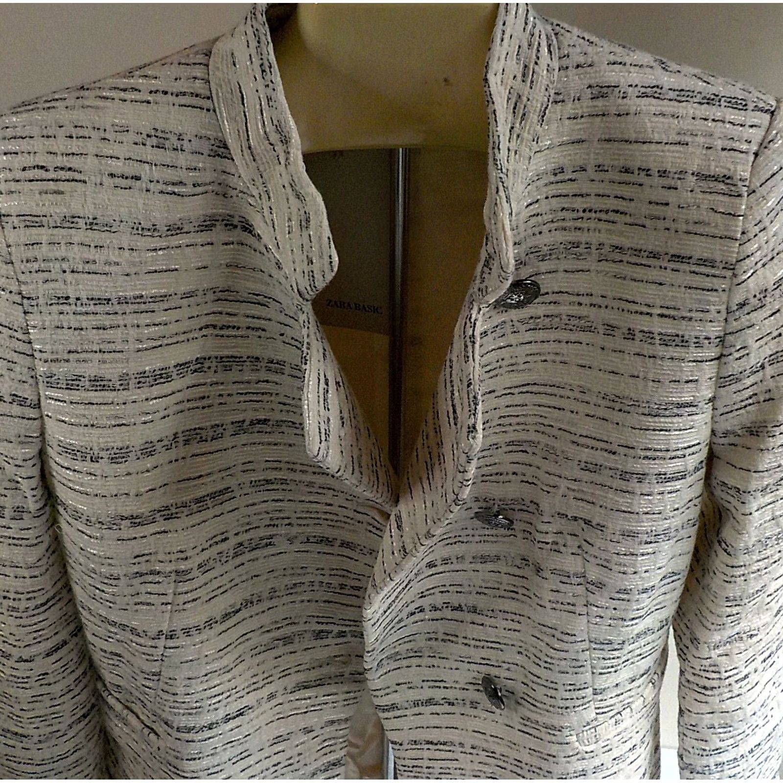 Zara ZARA BASIC Coat SIZE XS Ivory, Black, Gray Button Tweed Textured Overcoat Womens Size XS / US 0-2 / IT 36-38 - 2 Thumbnail