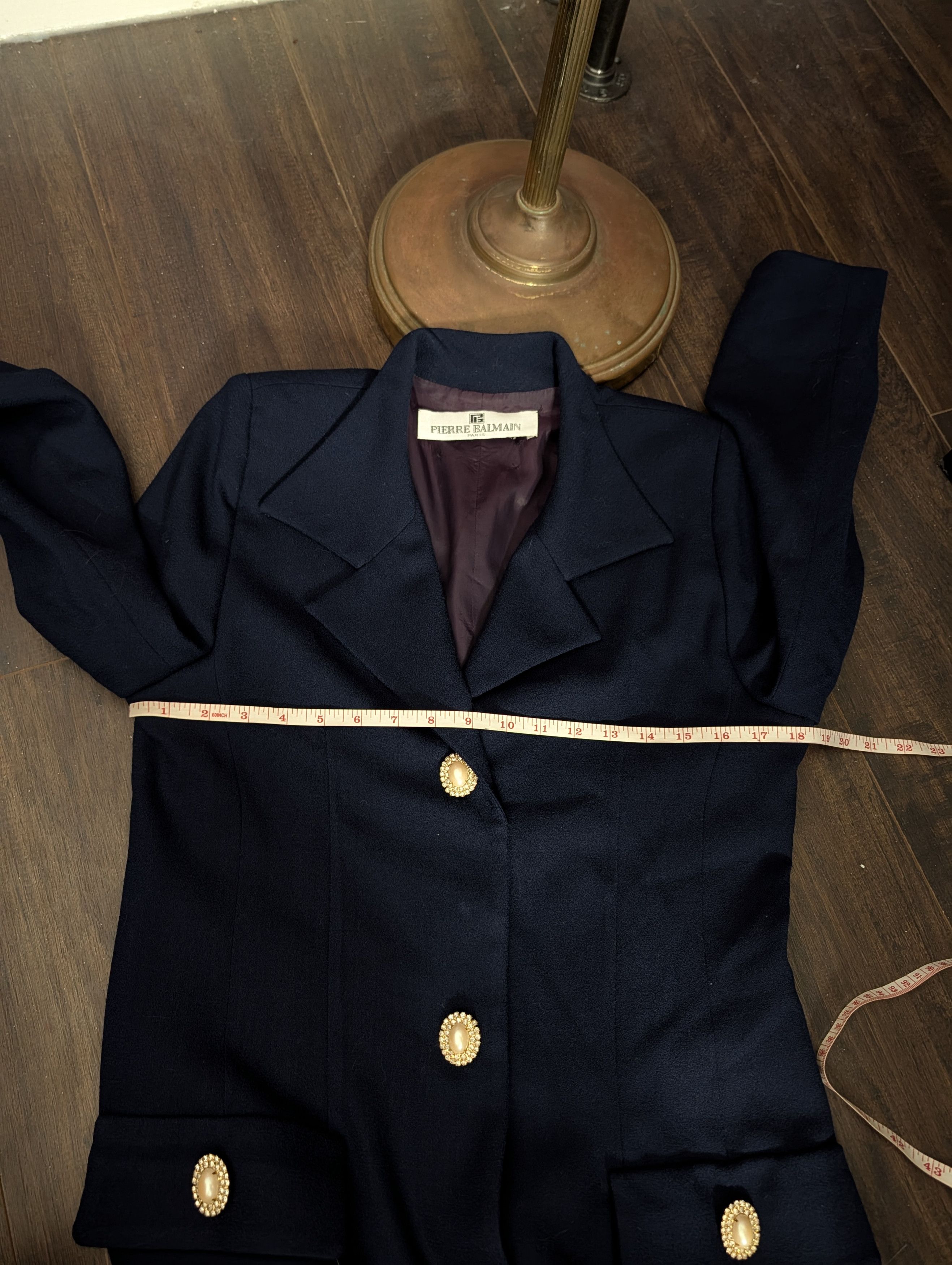 Pierre Balmain 80s VTG Navy Wool Pearl Crystal Gold Button Coat Dress Size L / US 10 / IT 46 - 17 Thumbnail