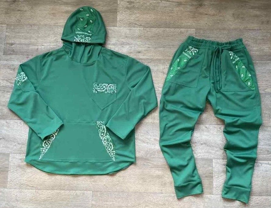 Other Men Custom Kelly Green Bandanna Trim LS Hoodie & Jogge Set. Size US XL / EU 56 / 4 - 1 Thumbnail
