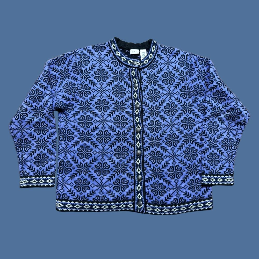 Vintage VINTAGE LL Bean Women’s Fisherman Cardigan Nordic Fair Isle Knit Crew Neck Long Sleeve Button Purple Black 100% Cotton Large Cardigan Womens Size L / US 10 / IT 46 - 1 Thumbnail