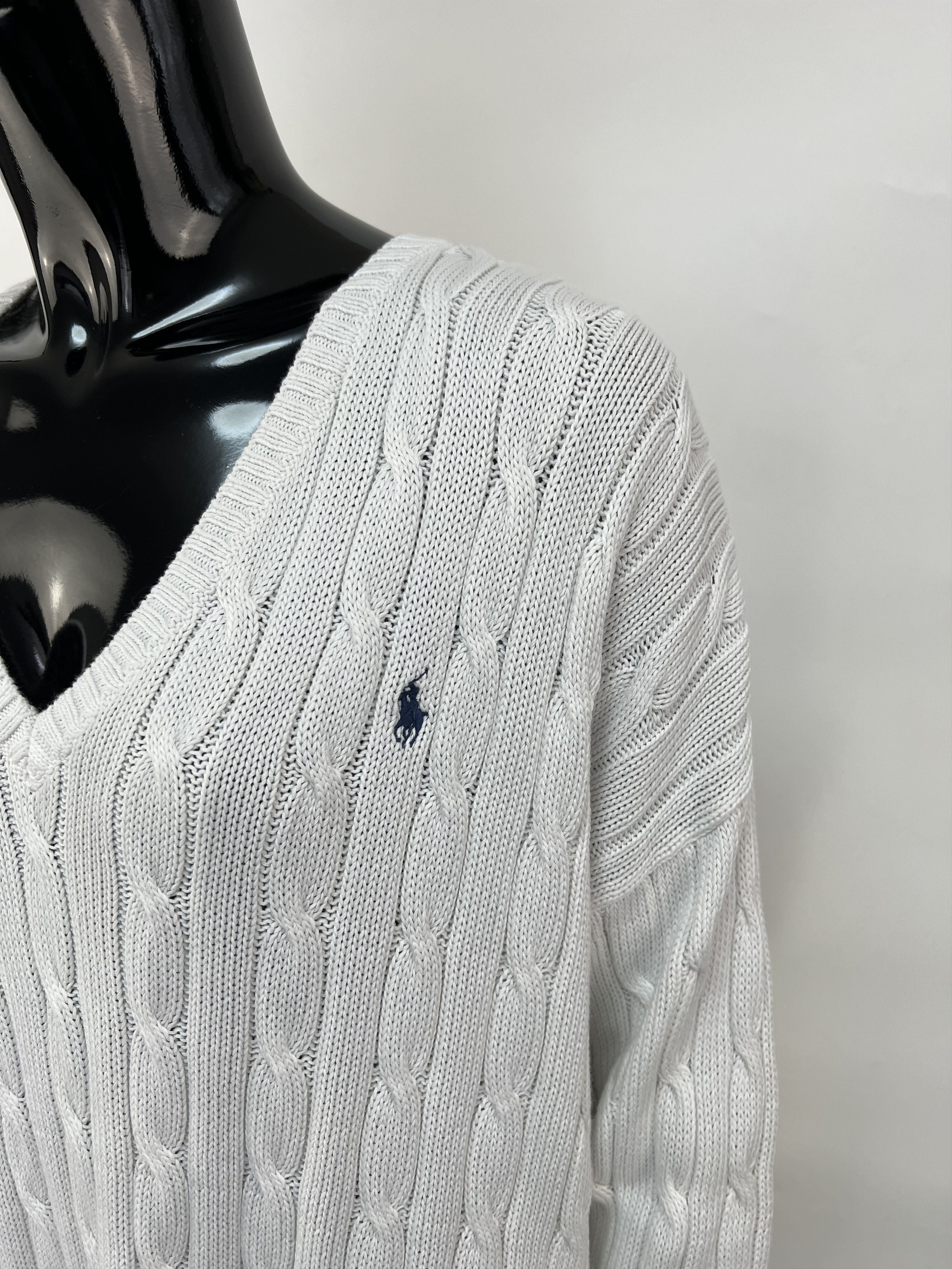Polo Ralph Lauren Polo Ralph Lauren White Cotton Cable Knit V-Neck Sweater Size L / US 10 / IT 46 - 4 Thumbnail