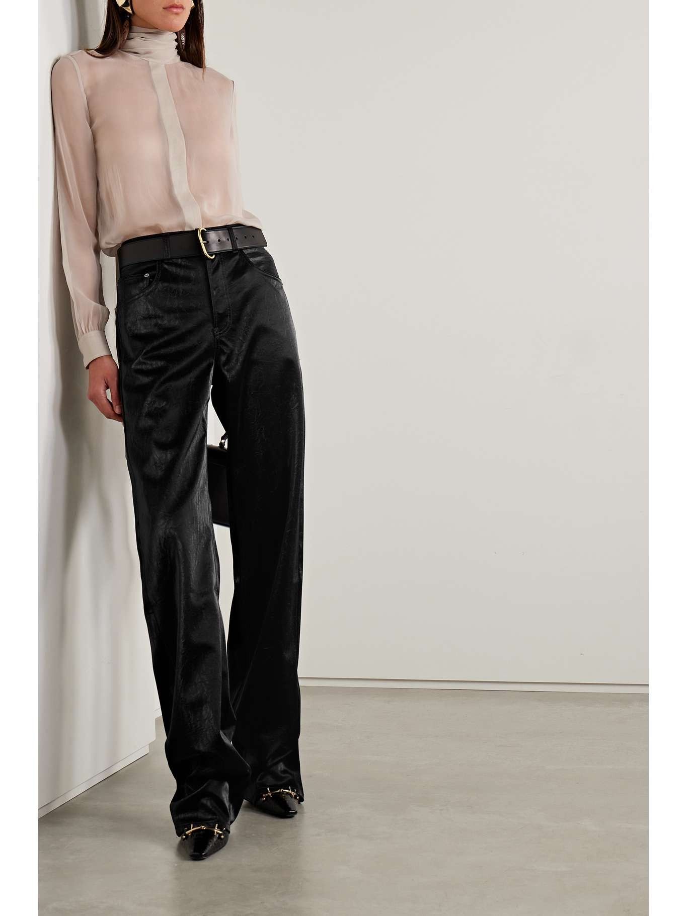 Saint Laurent Paris Black Crinkle High-Waisted Wide-Leg Jeans Size 30" / US 8 / IT 44 - 4 Thumbnail