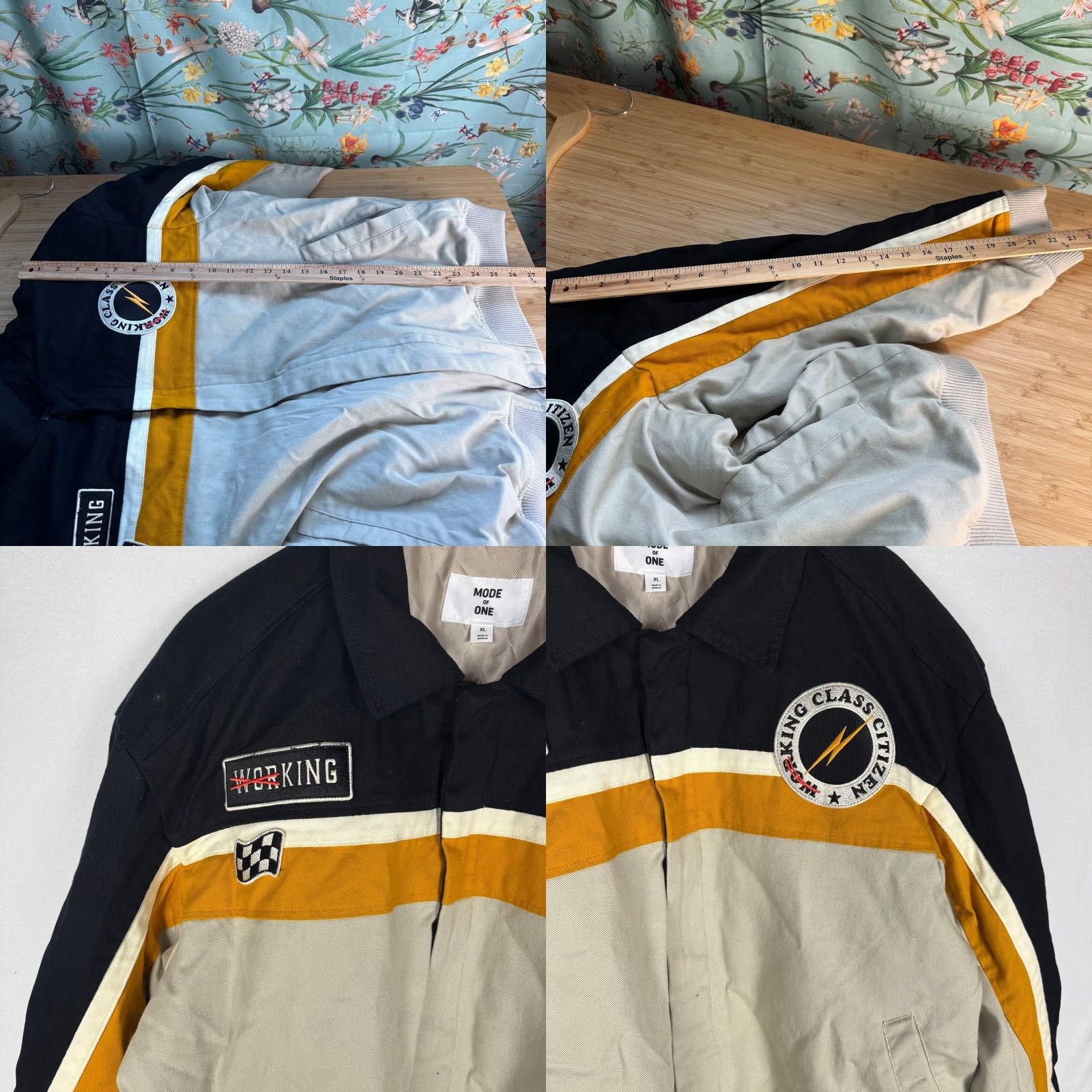 Vintage Mode of One Mens XL Racing Bomber Jacket Dark Ecru Black Tan NEW Size US XL / EU 56 / 4 - 8 Thumbnail