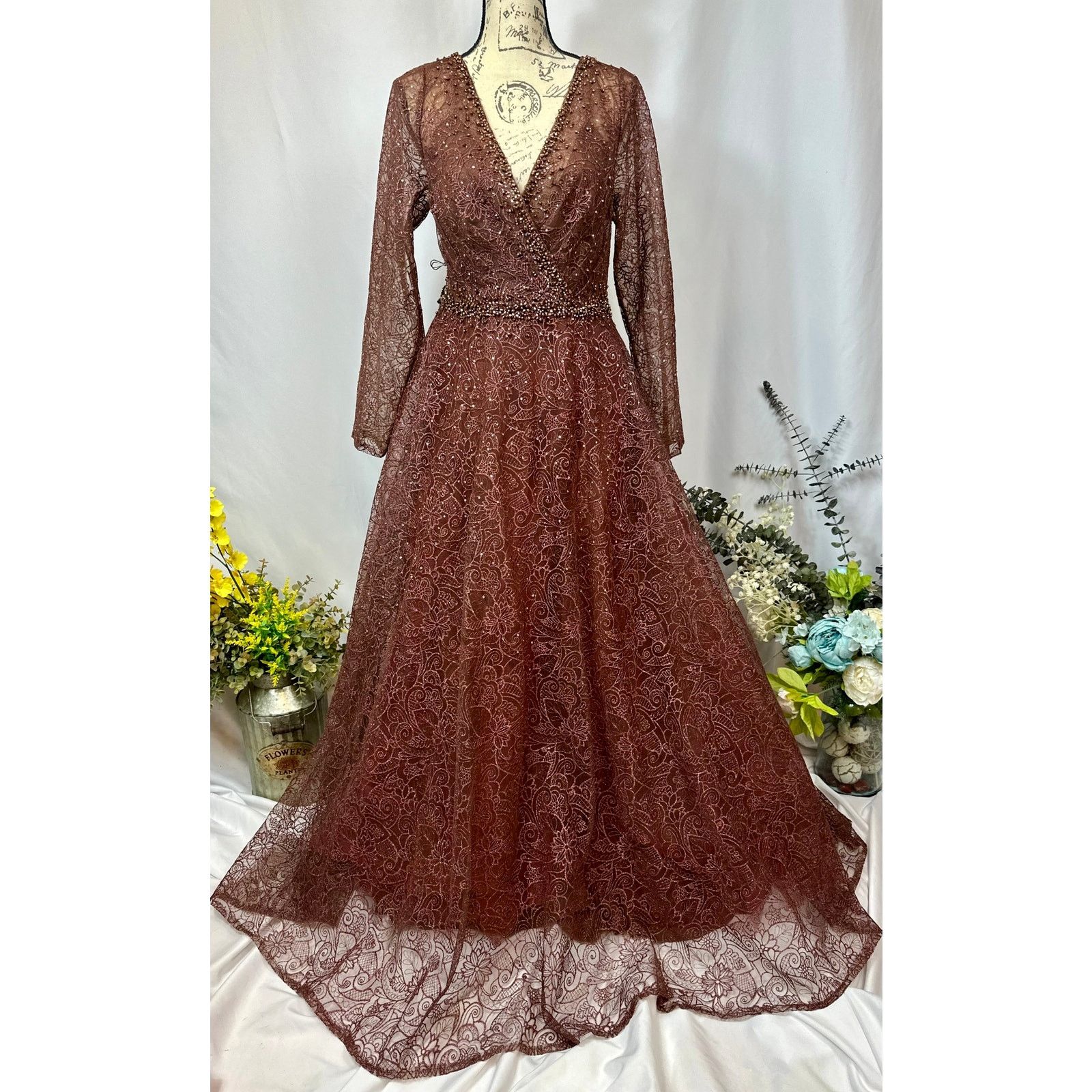 Other Mac Duggal Embellished Illusion V-Neck Gown Chocolate 12 Size XL / US 12-14 / IT 48-50 - 9 Thumbnail