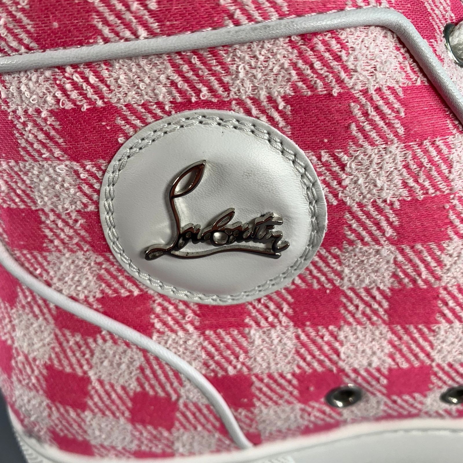 Christian Louboutin Size 9 Pink White Checkered Fabric High Top Sneakers Size US 9 / EU 42 - 7 Thumbnail