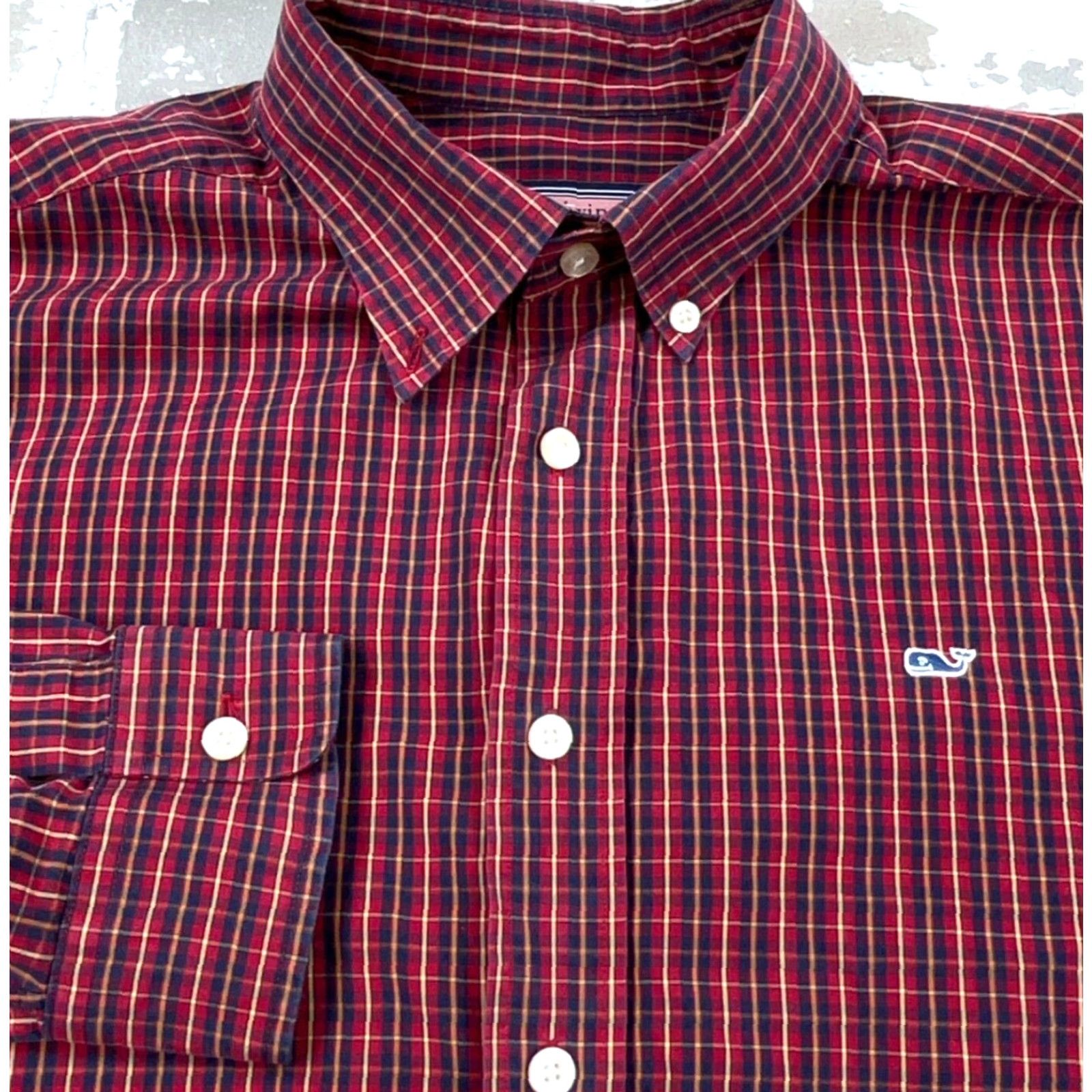 Vineyard Vines Vineyard Vines Shirt Men Medium Red Blue Button Up Plaid Whale Poplin Dress A17* Size 40R - 2 Thumbnail