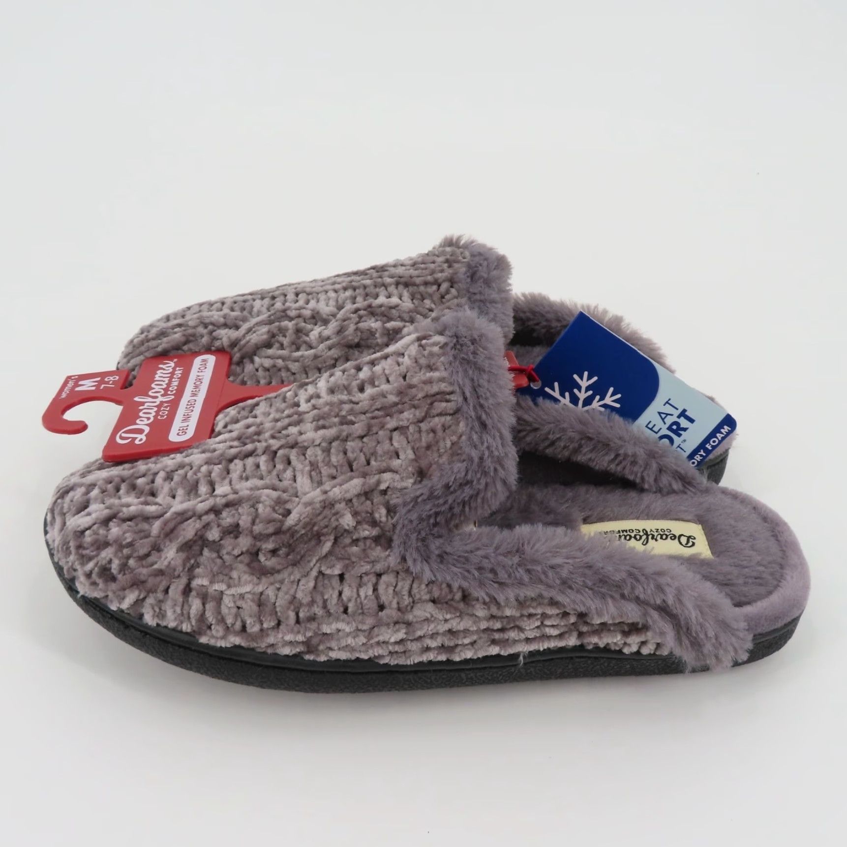 Vintage Dearfoams Women Slipper 7-8 Grey Chenille Cable Knit Faux Fur Slide NEW Size US 7 / IT 37 - 4 Thumbnail