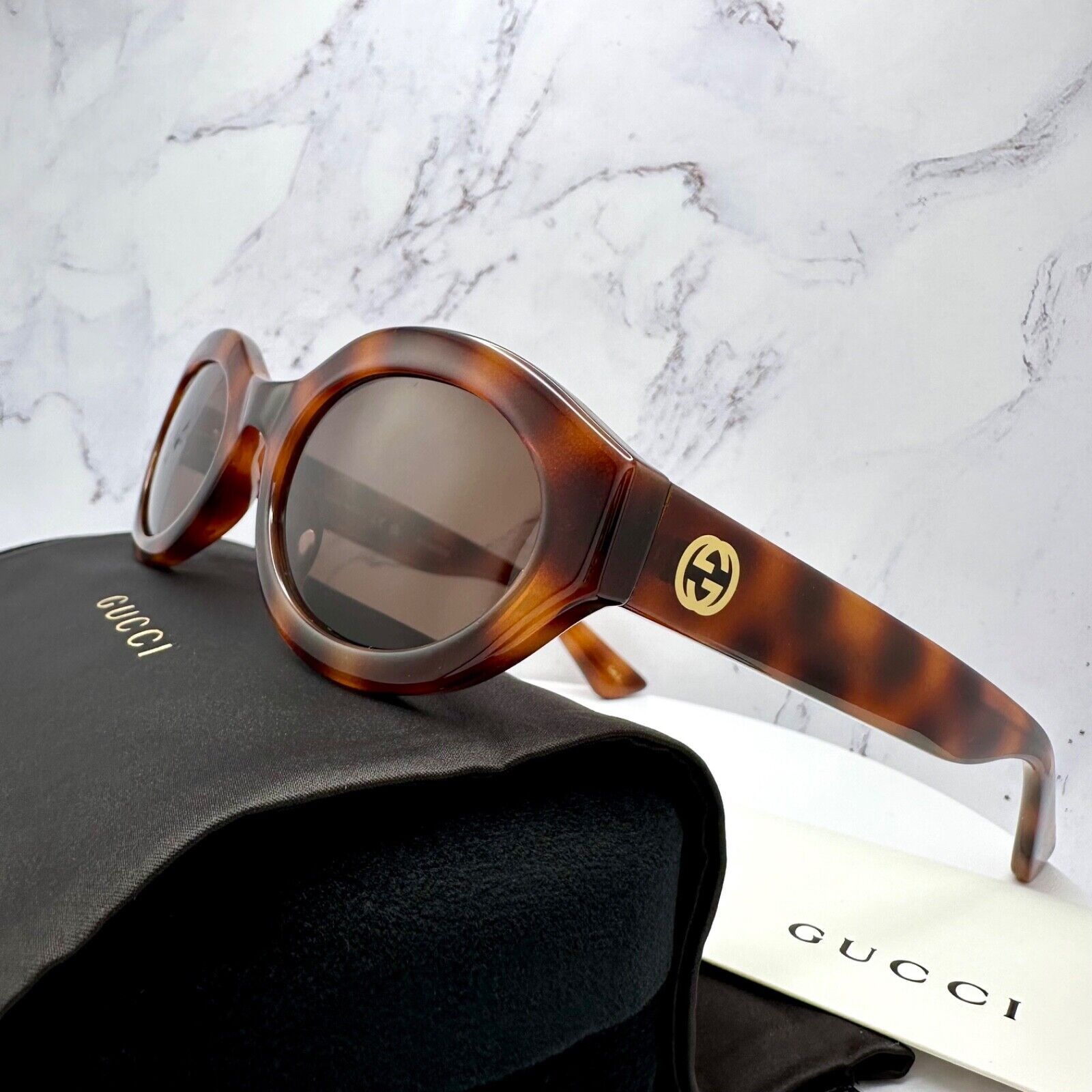 Gucci New GUCCI Sunglasses Brown Tortoise Oval Gold GG Logo Size ONE SIZE - 4 Thumbnail