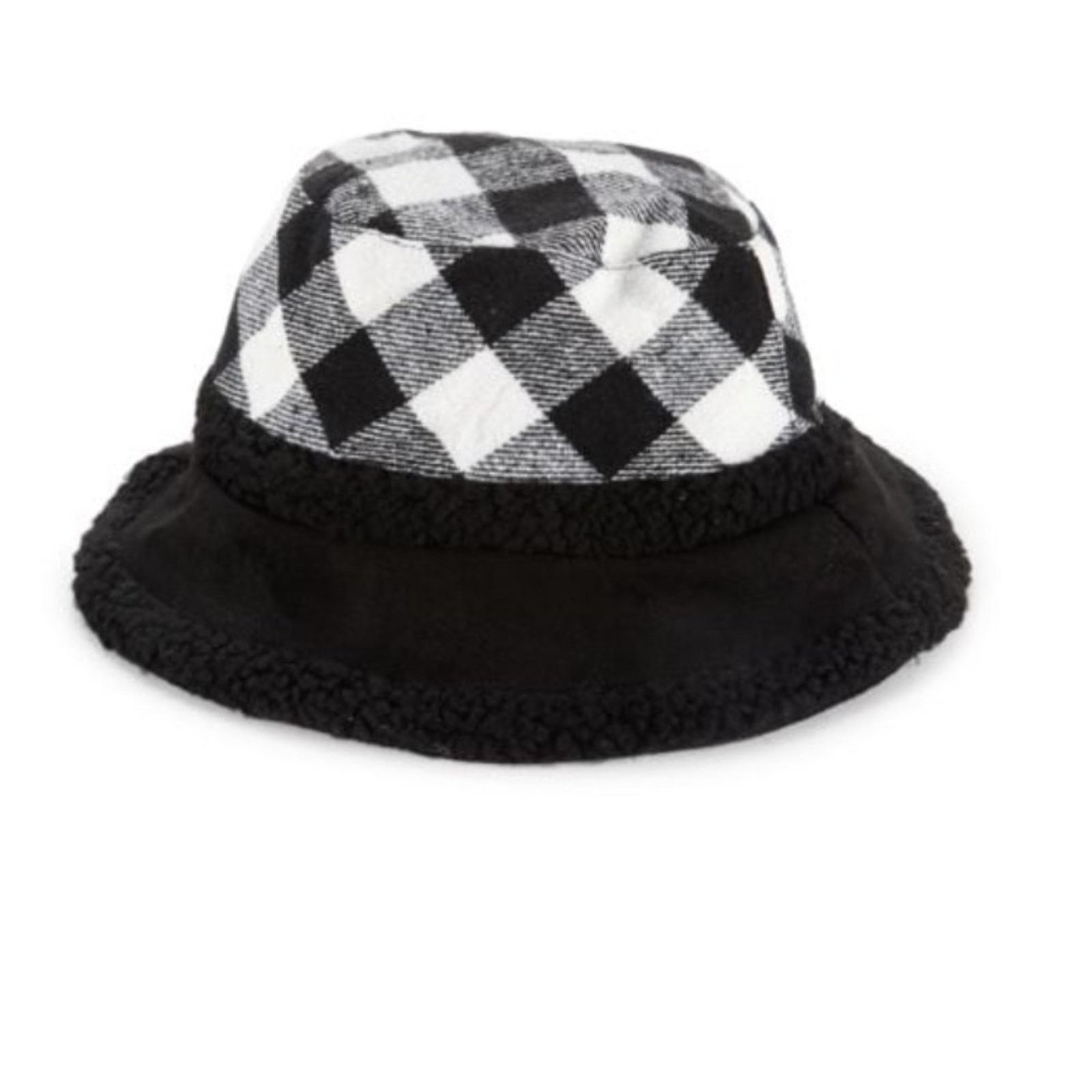 NWT Badgley Mischka Bucket Hat with plush Faux Fur Trim PLUSH BADGLEY MISCHKA Checked Faux Fur Trim Bucket Hat NWT main image 2