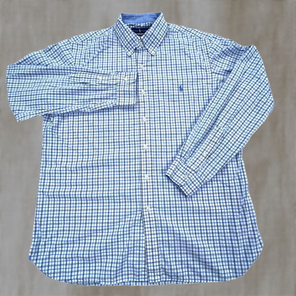 Ralph Lauren Ralph Lauren Men Large Blue Button Up Dress Shirt Poplin Tattersall Stretch Size 42R - 1 Thumbnail