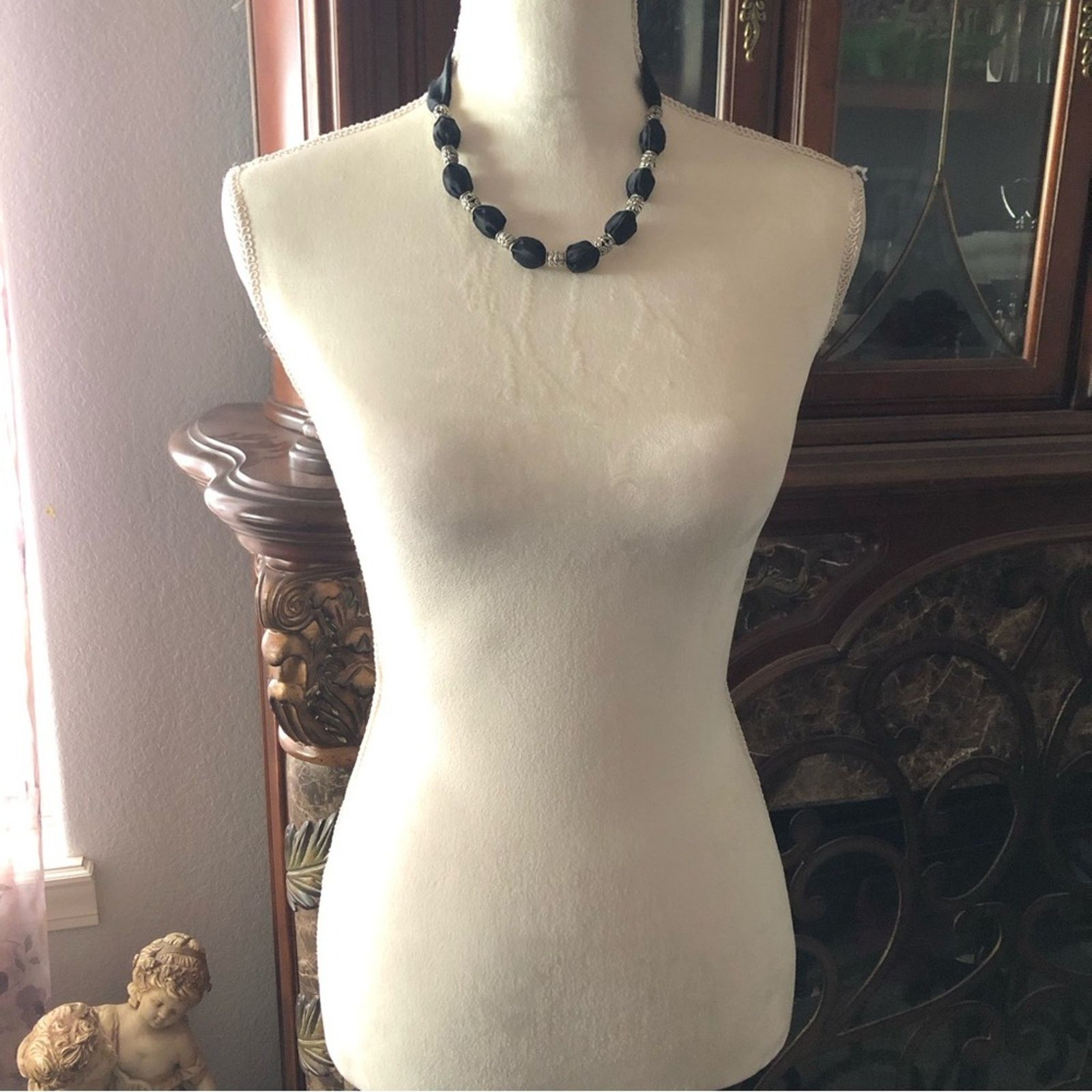 Handmade Country Girl black satin fabric covered bead necklace Size ONE SIZE - 3 Thumbnail