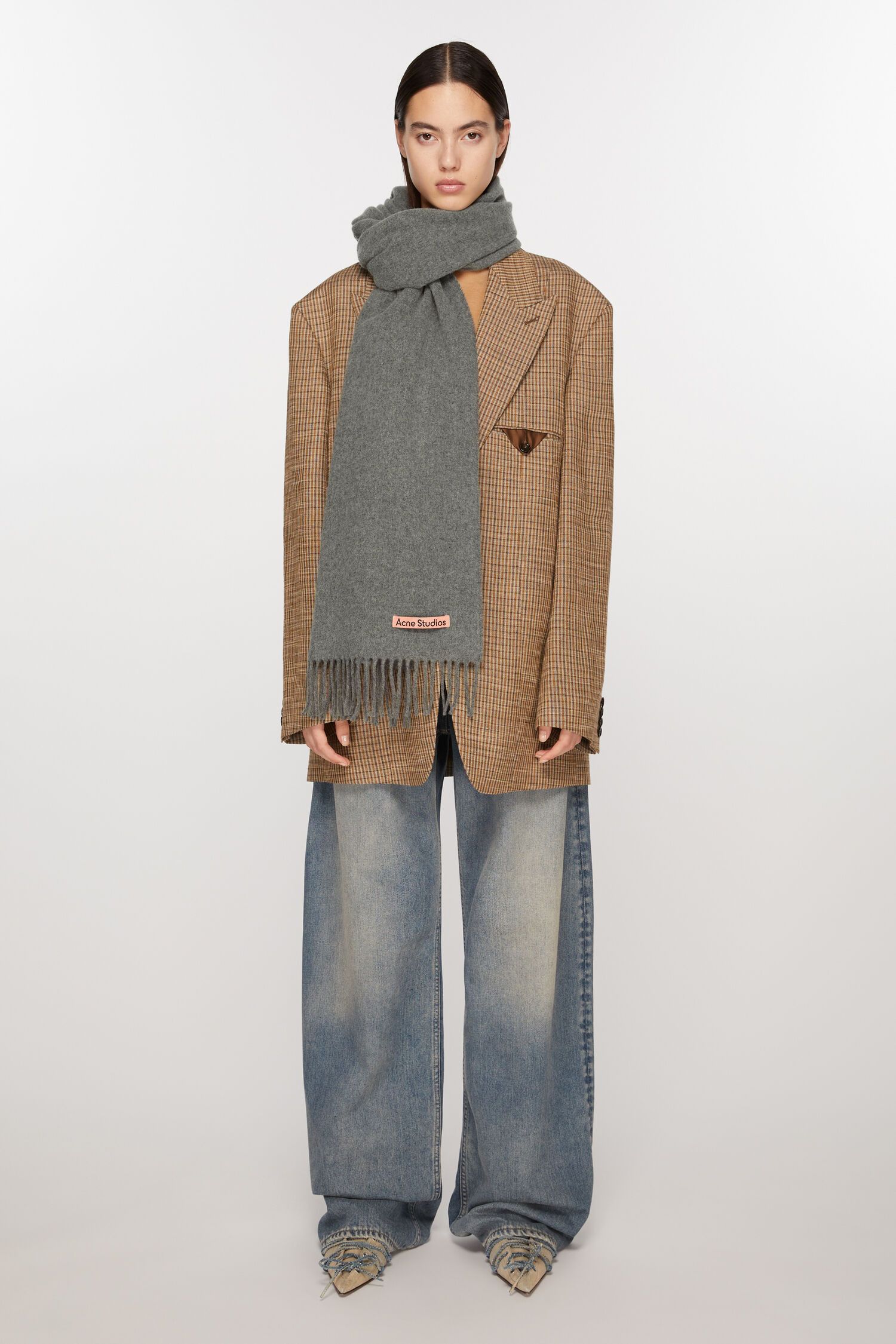 image of Acne Studios Fringe Wool Scarf – Oversized Grey Melange, Women's