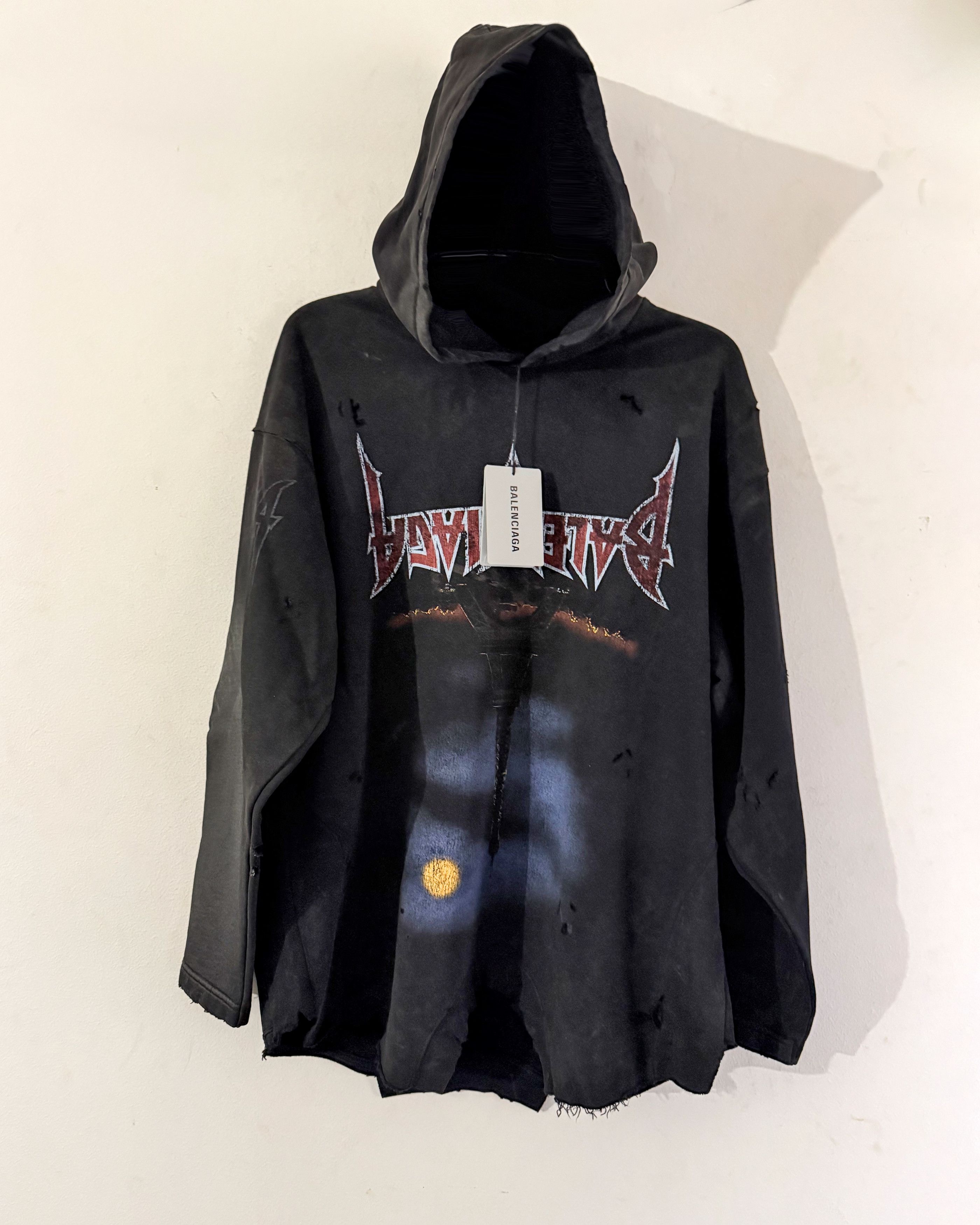 Balenciaga Oversized Distressed Printed Cotton-Jersey Hoodie Size US S / EU 44-46 / 1 - 2 Thumbnail