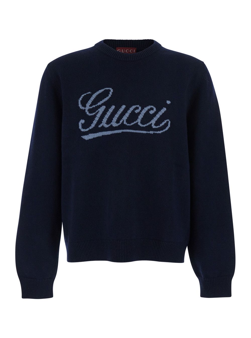 Gucci Blue Crew Neck Sweater with Logo Embroidery on the Front in Wool for Men Size US L / EU 52-54 / 3 - 1 Thumbnail