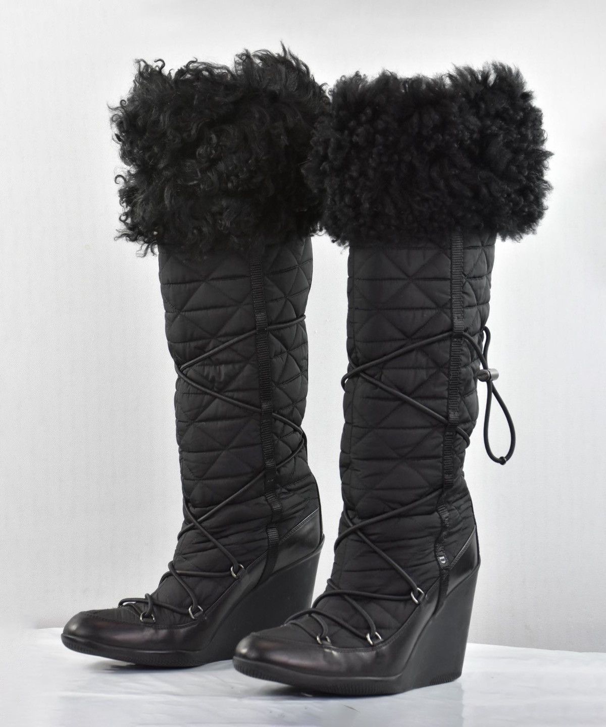 Prada 🔴 PRADA Boots Fur Platform Logo Shoes Lace Nylon Black 37 Size US 7.5 / IT 37.5 - 2 Thumbnail