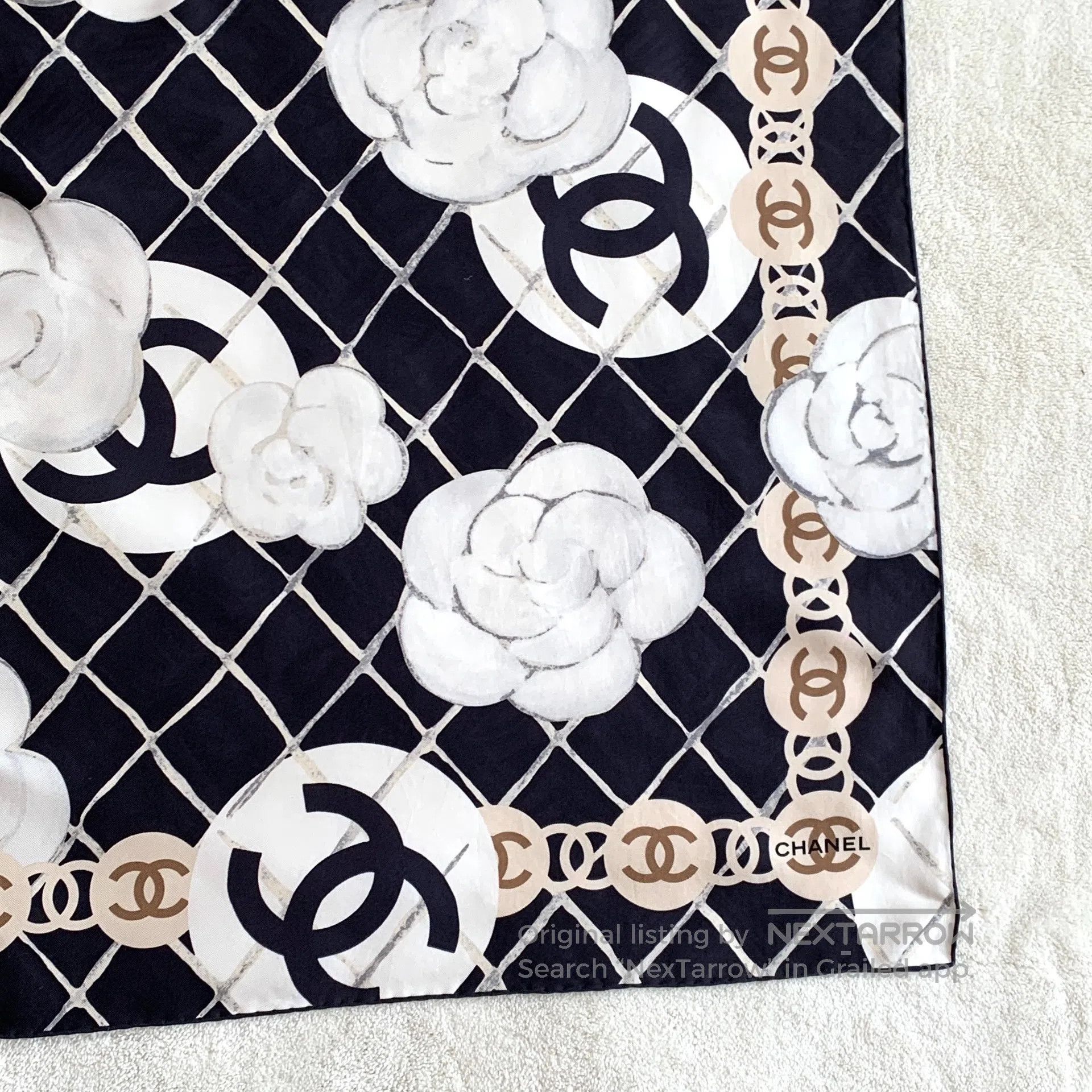 Chanel Chanel Black Diamond Pattern Camellia Printed Silk Scarf| Size ONE SIZE - 5 Thumbnail