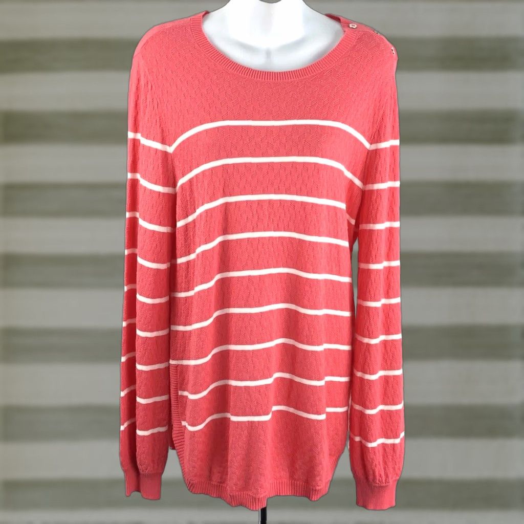 Vintage St Johns Bay Sweater L Orange Stripe Rayon Knit Button Accent Longsleeve - Womens Regular Size L Size L / US 10 / IT 46 - 1 Thumbnail