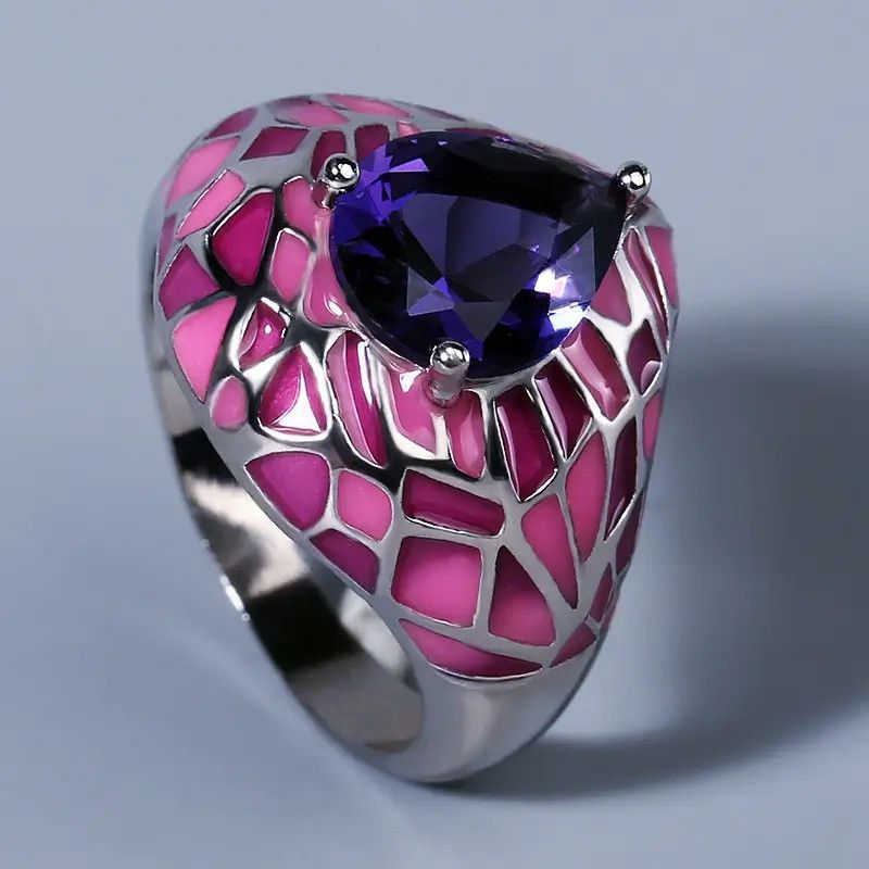 Jewelry Creative Enamel Dark Blue Big Zircon Ring Epoxy Irregular Size ONE SIZE - 1 Thumbnail