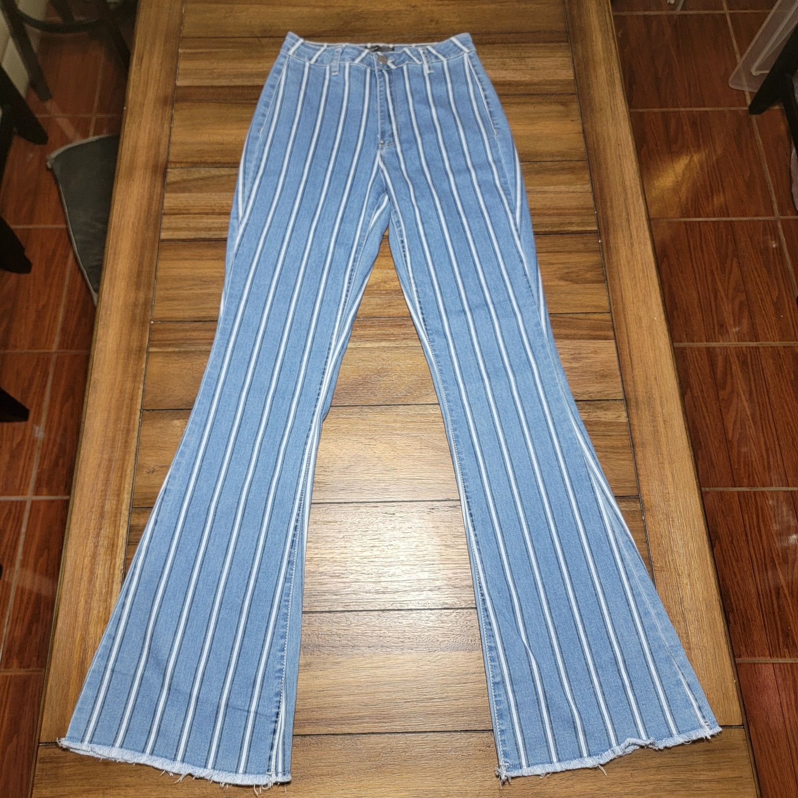 Shein Shein Blue Denim Striped Flare Pants - Size 10 Size 32" / US 10 / IT 46 - 1 Thumbnail