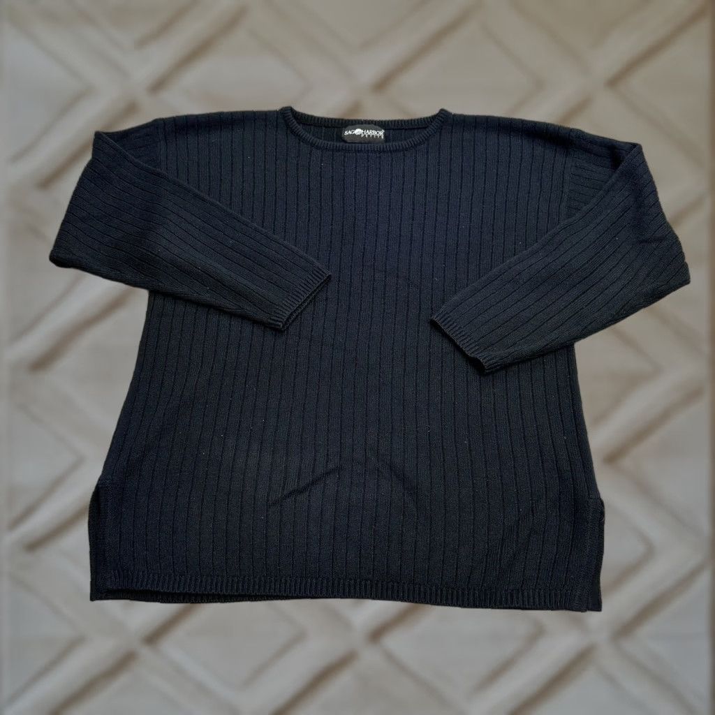 Vintage Sag Harbor Pullover Sweater Women Petite Large Solid Black Ribbed Knit Crew Neck Adult Pets Size: PL Black Classic Knit Sweater Womens Size L / US 10 / IT 46 - 1 Thumbnail