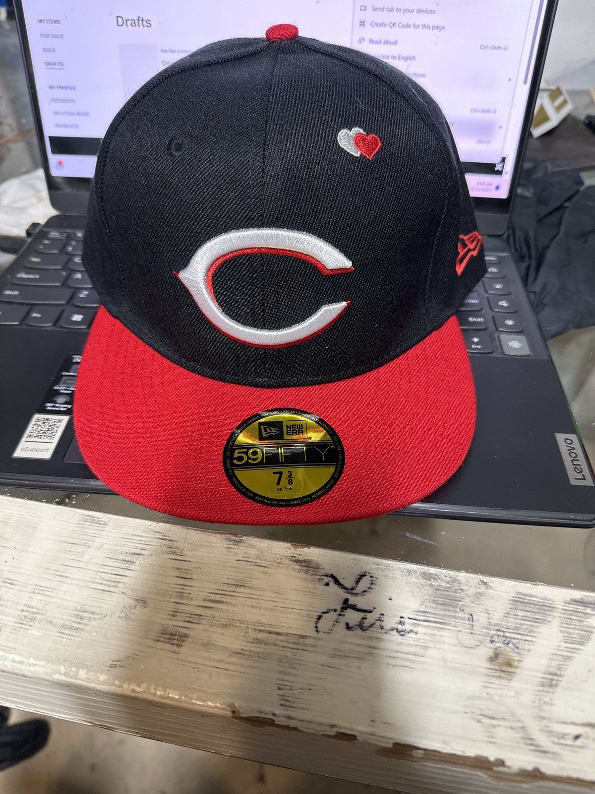 image of New Era Cincinatti Reds 7 3/8" Fitted 59Fifty in Dark Royal/Red, Men's