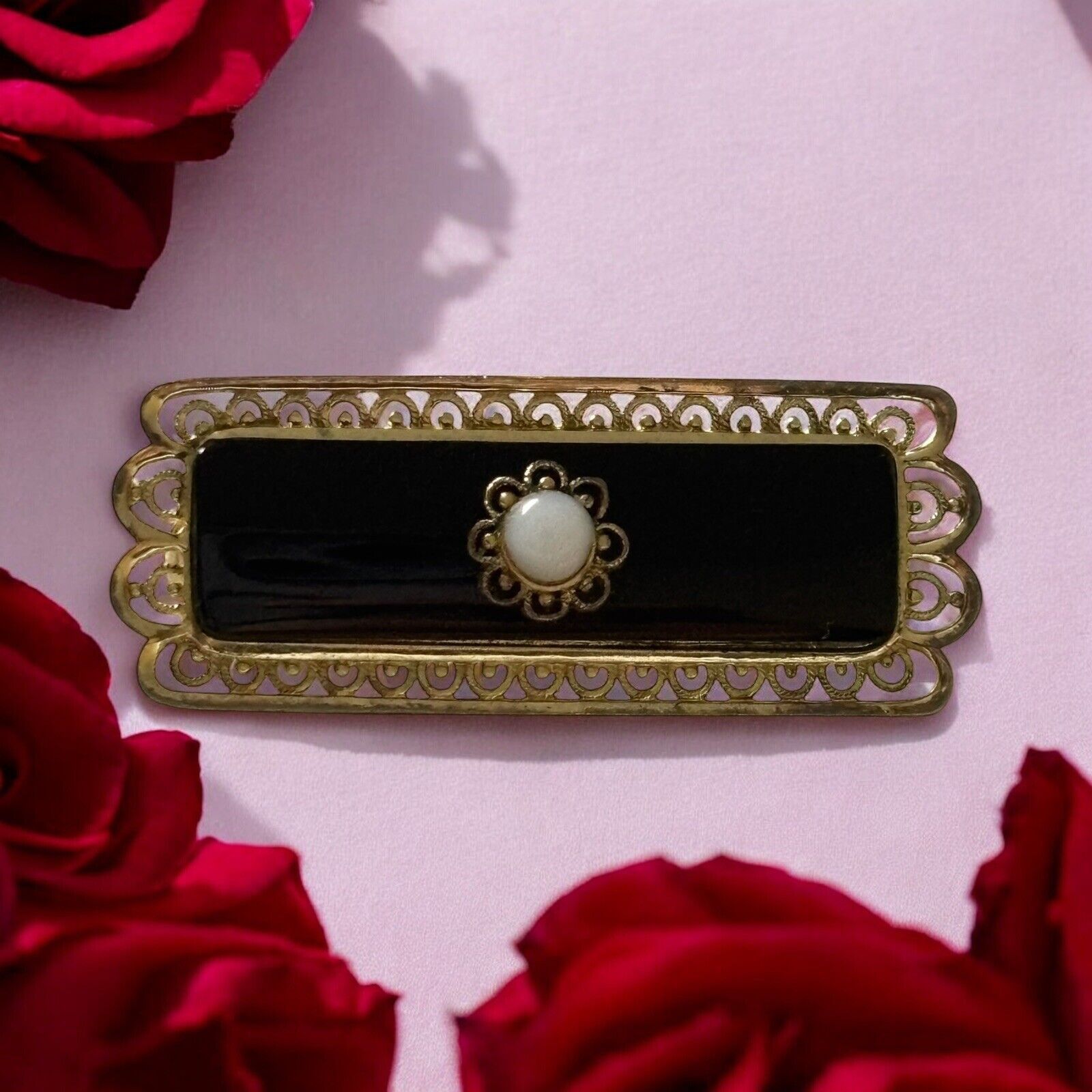 Other 800 Sterling Silver Vermeil Filigre Onyx Mourning Bar Brooch Size ONE SIZE - 10 Thumbnail