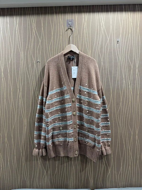 Chanel Brown Wool Cardigan with Striped Design 0089
