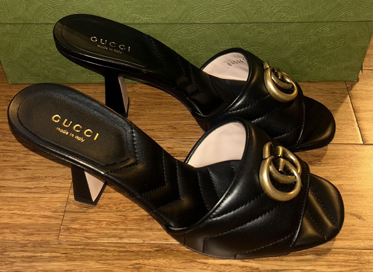 Gucci Gucci Double G Mid Heel Slide Sandal Black Nappa Charlotte Size US 6.5 / IT 36.5 - 1 Thumbnail