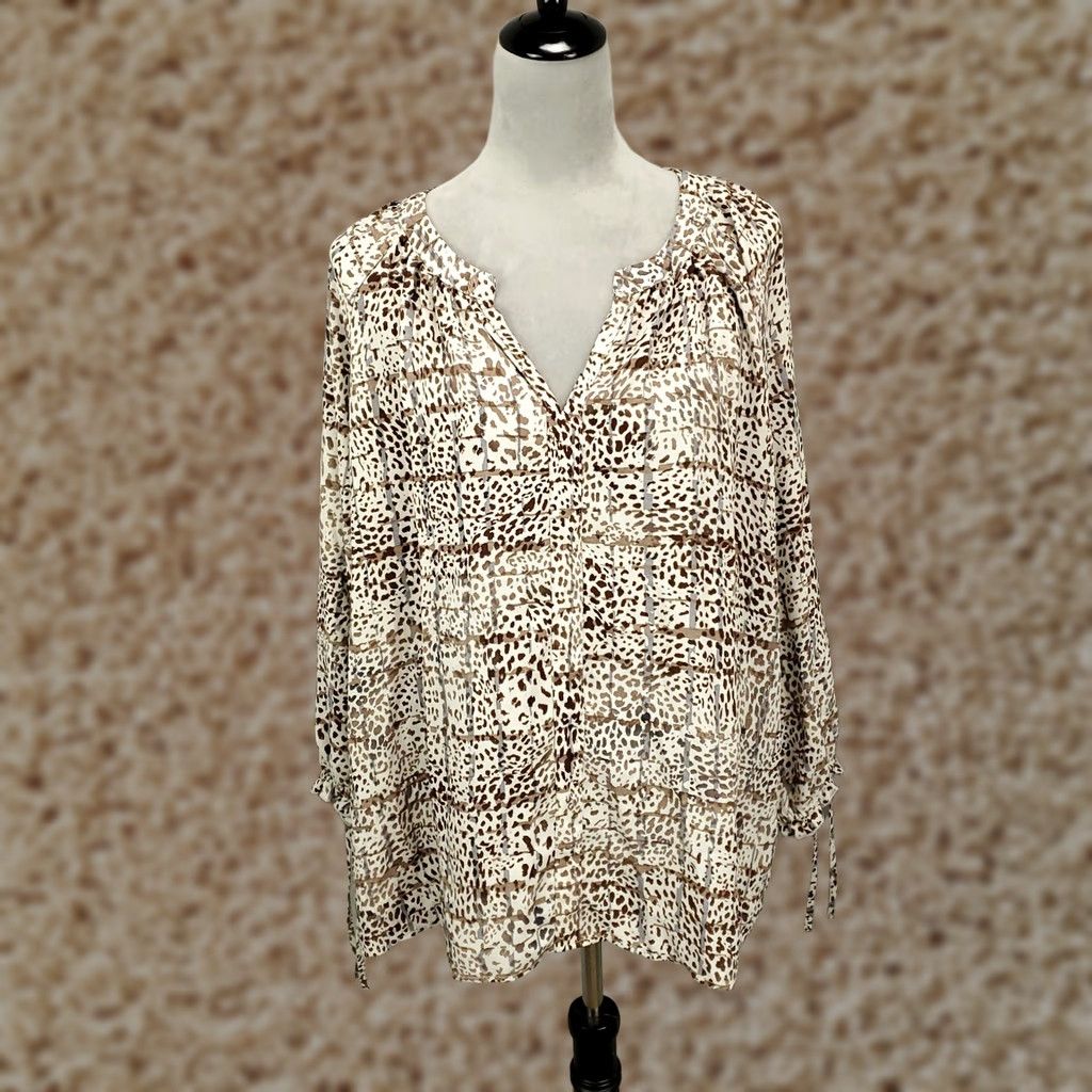 Vintage Zac & Rachel Blouse Womens 2X Brown White Animal Print V Neck Pullover Balloon Sleeve Tunic Bohemian Size XXL / US 16-18 / IT 52-54 - 1 Thumbnail