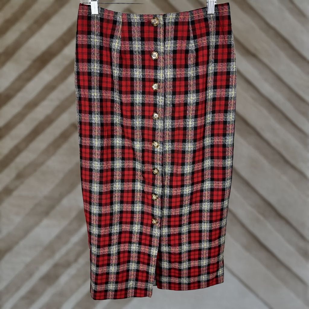 Vintage VINTAGE F.L. Malik Skirt Plaid Long 28 High Button Front 90s School Uniform Red Womens Size 28" / US 6 / IT 42 - 1 Thumbnail