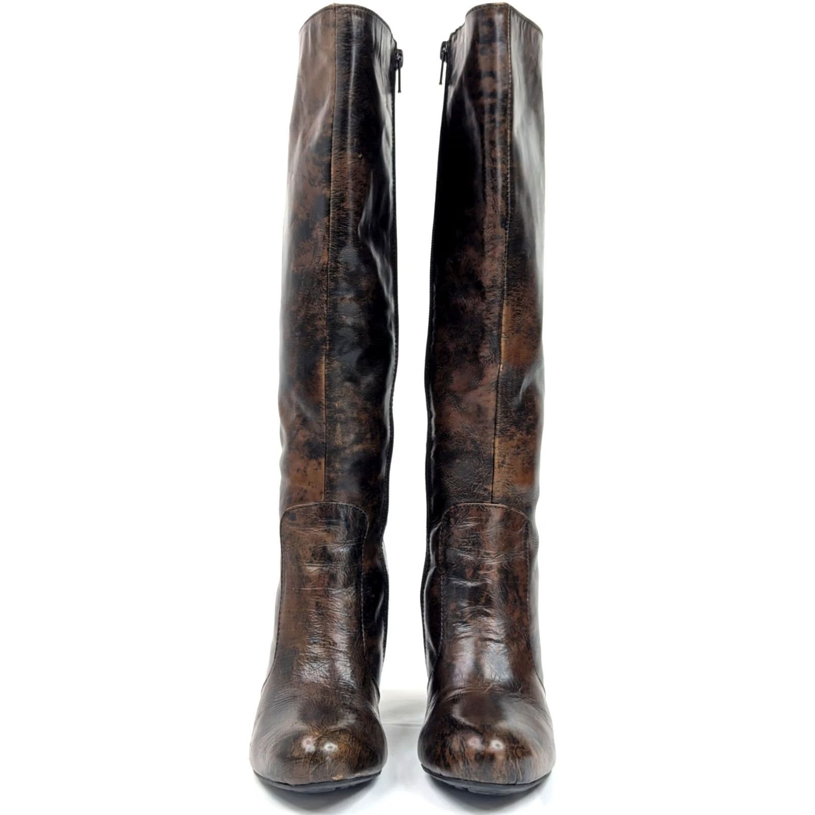 Born Børn Born Crown Marble Distressed Leather Boots Women Riding Style Knee High Zip 6.5 Brown Marble Pattern Leather Riding Boot Woman CKH12 3.5" Heel Size US 7 / IT 37 - 5 Thumbnail
