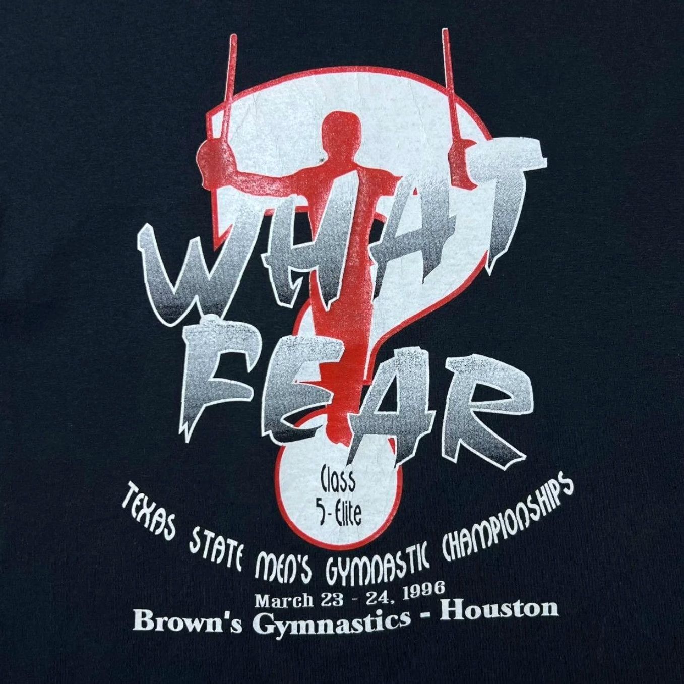 Fruit Of The Loom Vintage What Fear? (1996) “Texas State Men’s Gymnastics Championships” Single Stitch T-Shirt M Short Sleeve Cotton Black Fruit of the Loom Mens XXL? Size US S / EU 44-46 / 1 - 4 Thumbnail