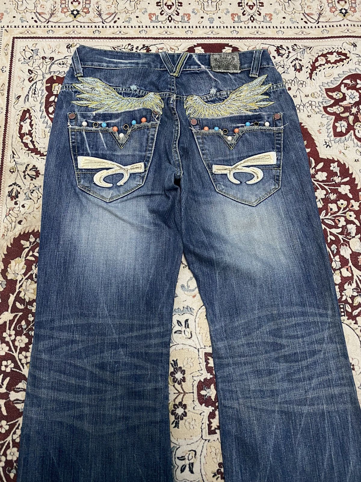 Japanese Brand X Red pepper distressed flare jeans