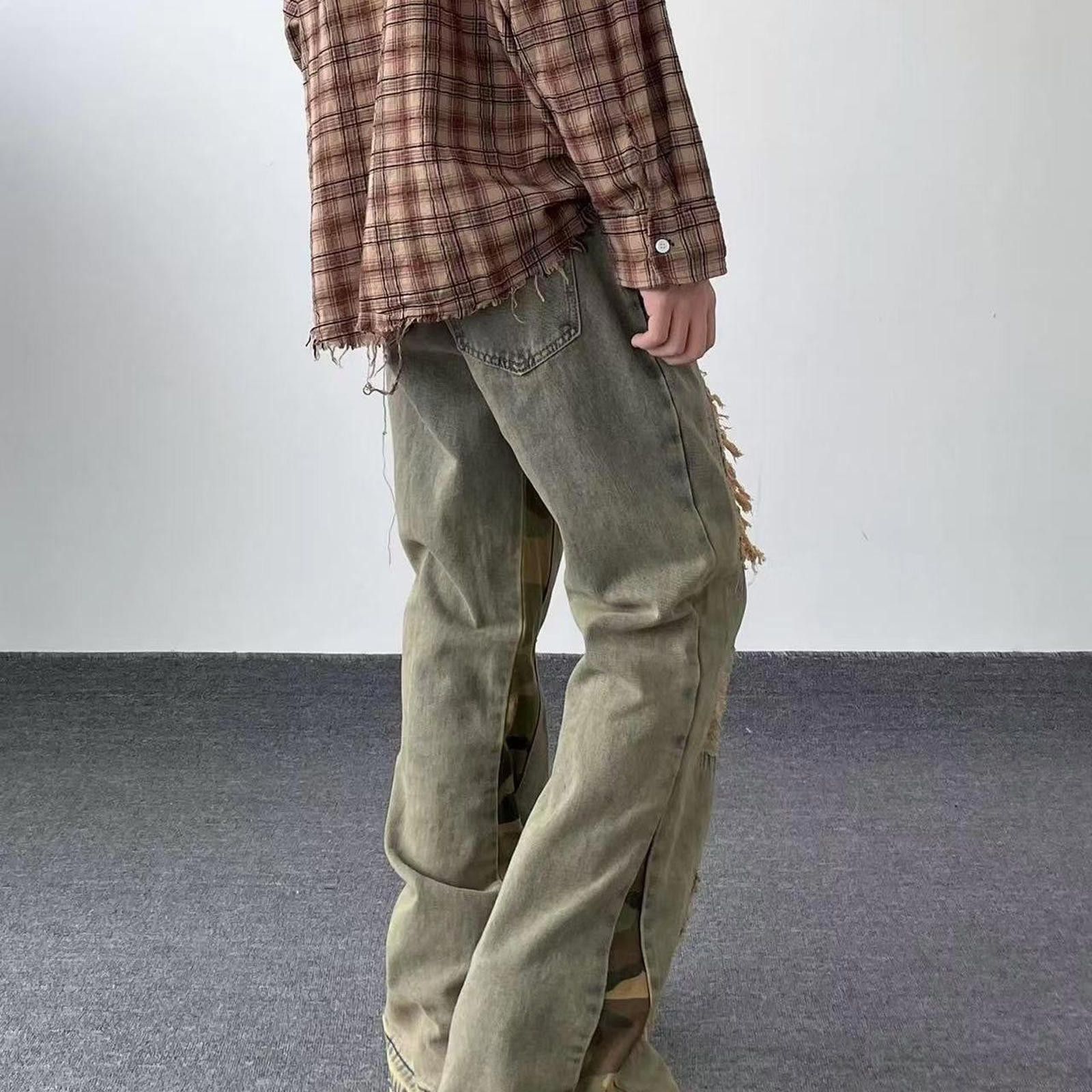 Jean Camo Patch Flare Jeans – Yellow Mud, Retro Loose Fit Size US 33 - 5 Thumbnail