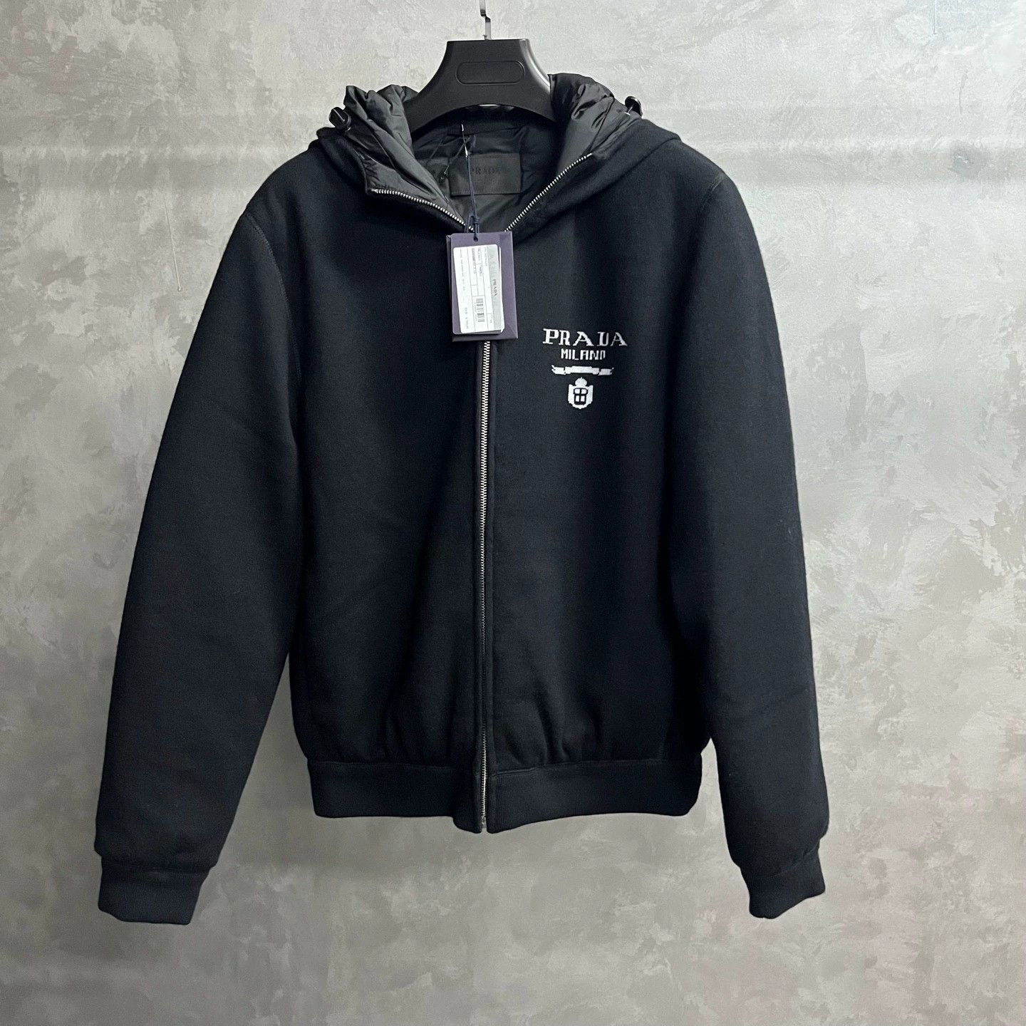 prada black zip-up jacket with stand collar