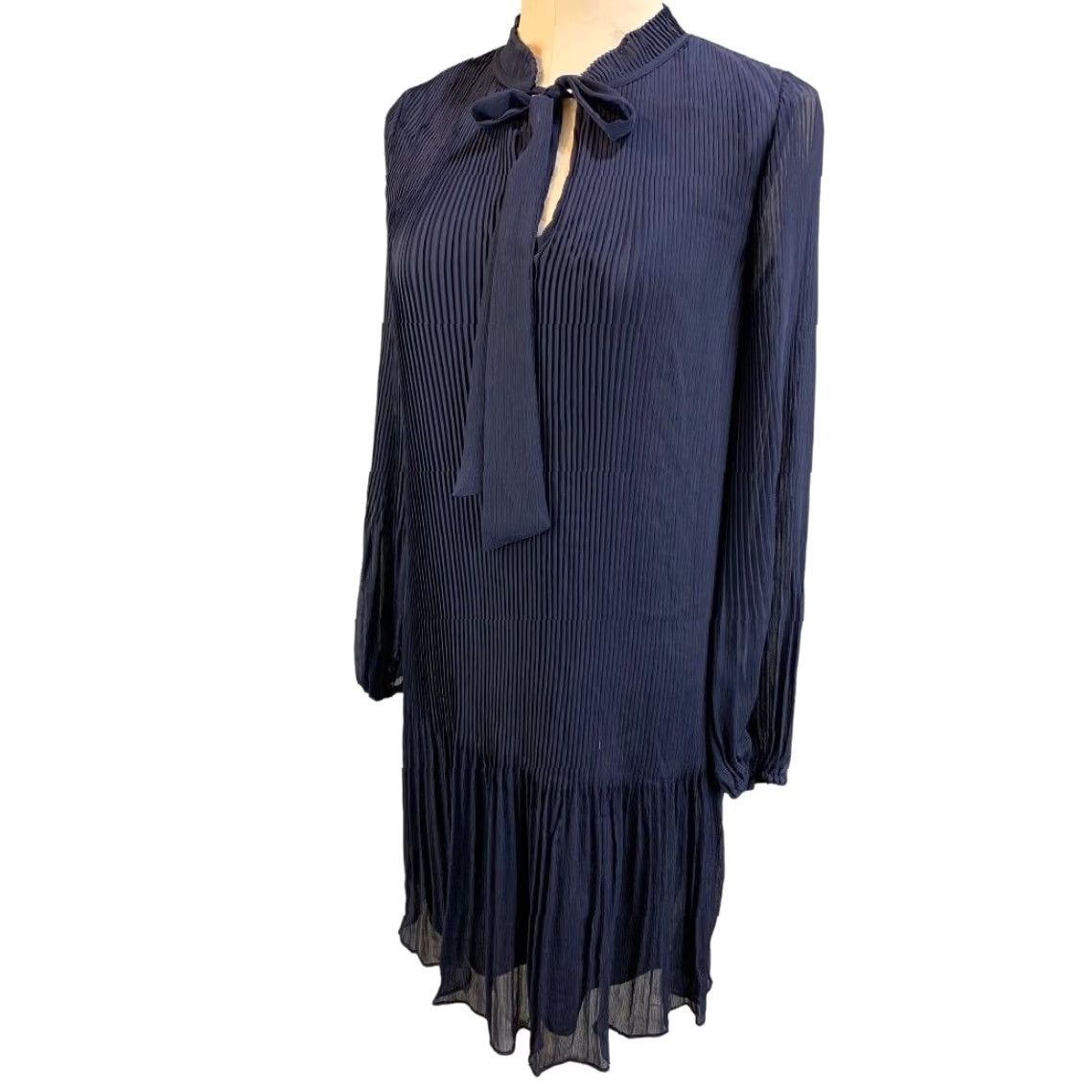 DKNY DKNY Navy Blue Long Sleeve Pleated Dress Tie Neck Knee Length Womens, 6, New Size M / US 6-8 / IT 42-44 - 3 Thumbnail