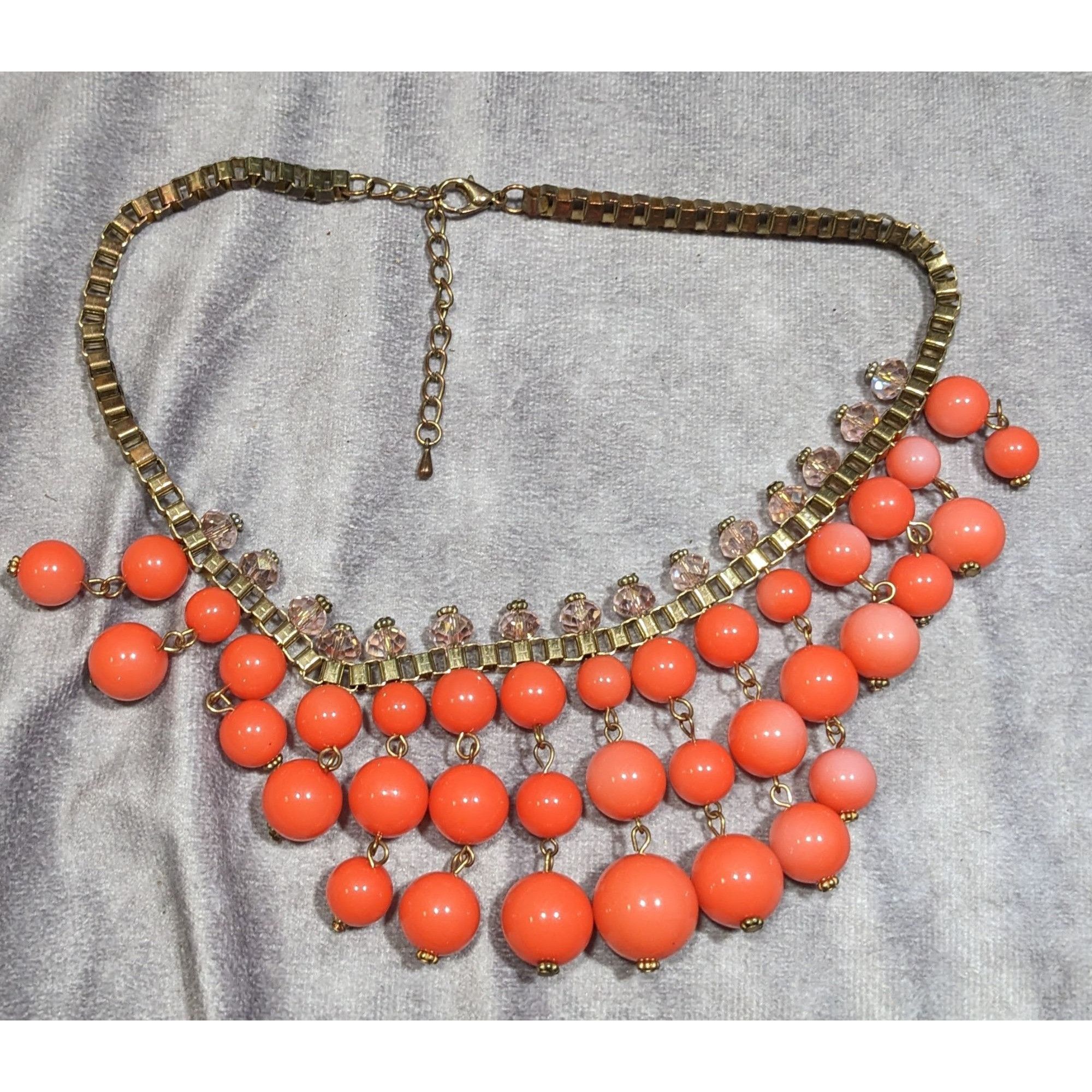 Other Vintage Salmon Beaded Fringe Necklace On Gold Tone Box Chain Size ONE SIZE - 8 Thumbnail