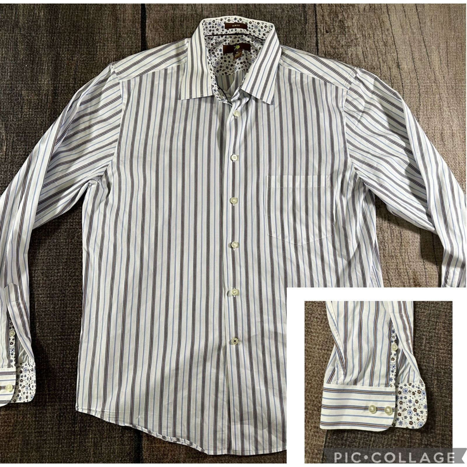 Egara Egara Dress Shirt Mens XL Slim Fit Blue Brown White Striped Size US XL / EU 56 / 4 - 1 Thumbnail