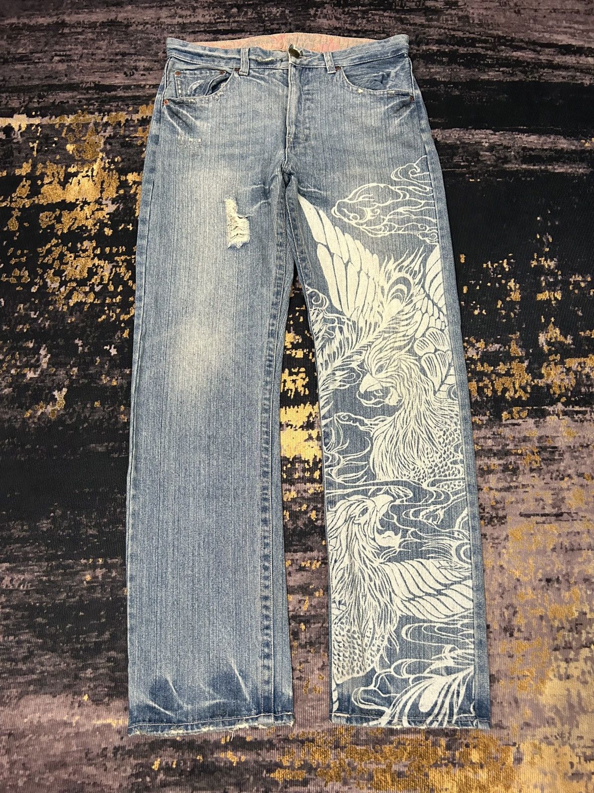 Karakuri Tamashii Vintage Buden Phoenix Sukajan Distressed Jeans Size US 31 - 2 Thumbnail