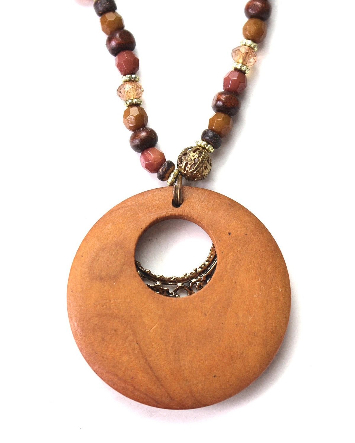 Vintage 2000S JAPANESE BOHO WOOD & BEAD NECKLACE WITH BRASS CRESCENT Size ONE SIZE - 3 Thumbnail
